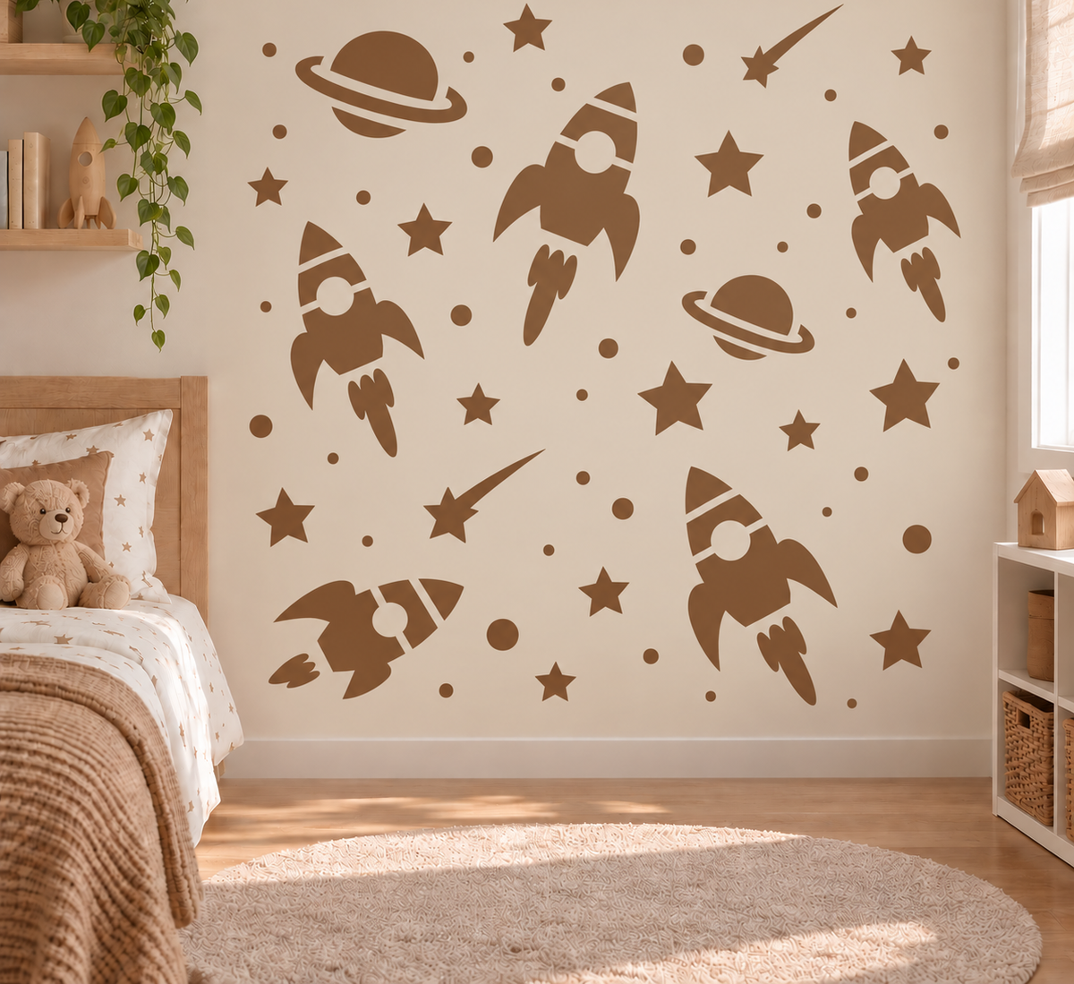 Brown rocket and space adventure wall stencil with planets and stars in a warm neutral kids bedroom.
