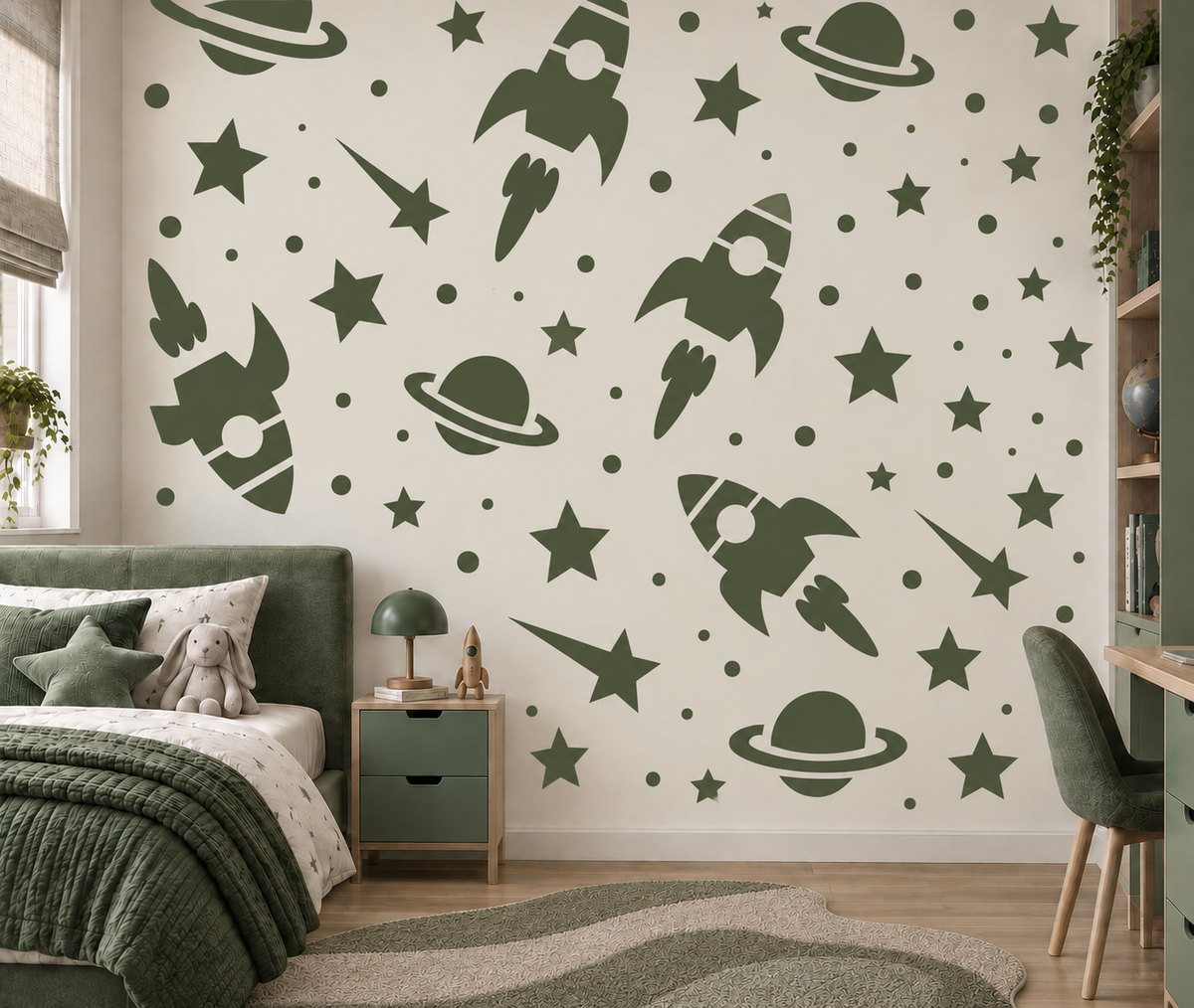 Green rocket and space adventure wall stencil with planets, stars and shooting stars in a modern kids bedroom.