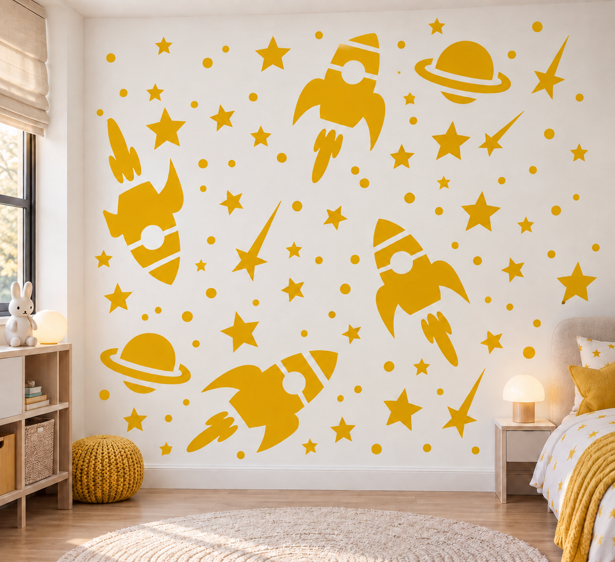 Yellow rocket and space adventure wall stencil with planets, stars and shooting stars in a bright kids bedroom.