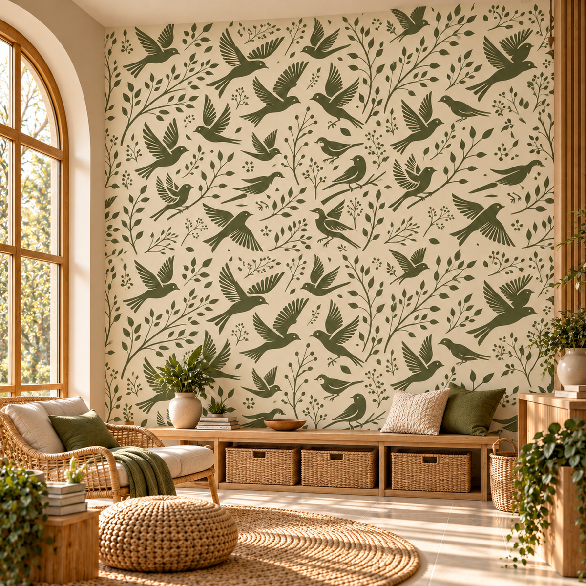 Dense sage green bird and foliage stencils bring an organic woodland feel to a bright boho living room with natural wood and rattan accents.