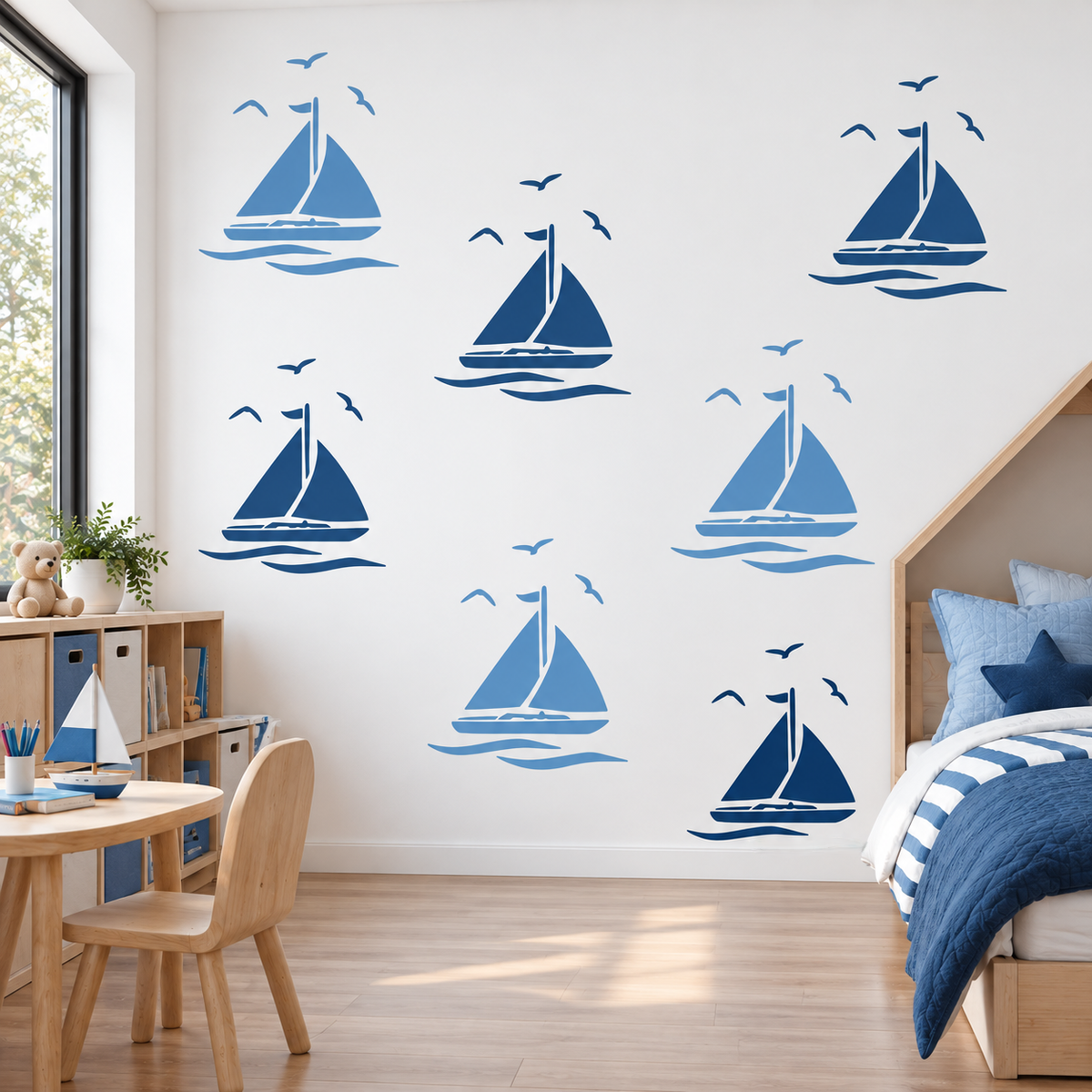 Repeating Sailboat Stencil pattern in light and dark blue on a white wall in a nautical-themed boys bedroom.