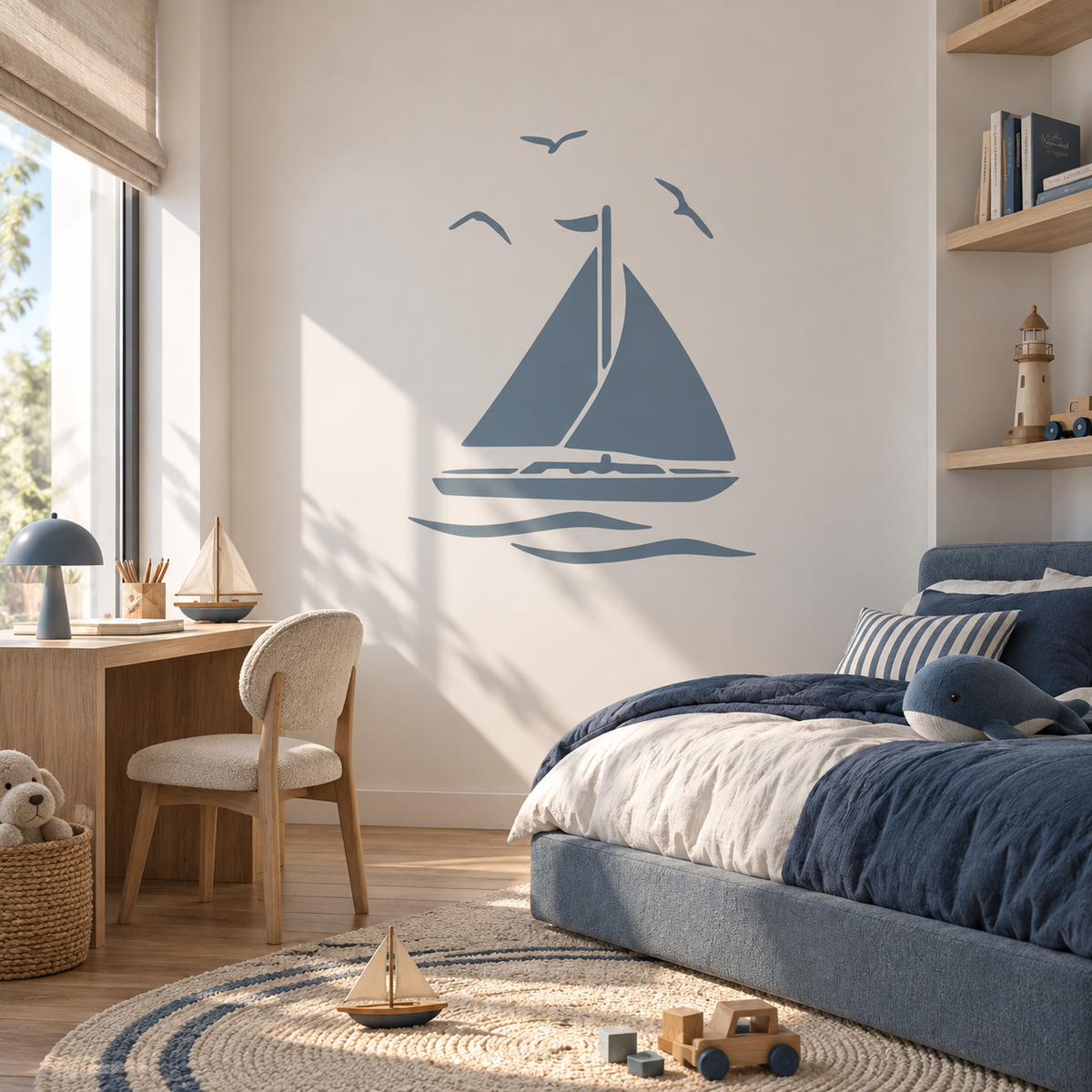 Dusty blue Sailboat Stencil with ocean waves and seagulls above a blue bed in a nautical-themed children's bedroom.
