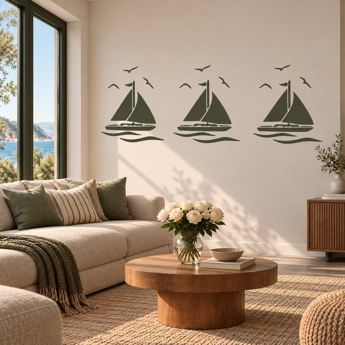 Three forest green Sailboat Stencil designs with seagulls and waves on a beige wall above a sofa in a seaside living room.