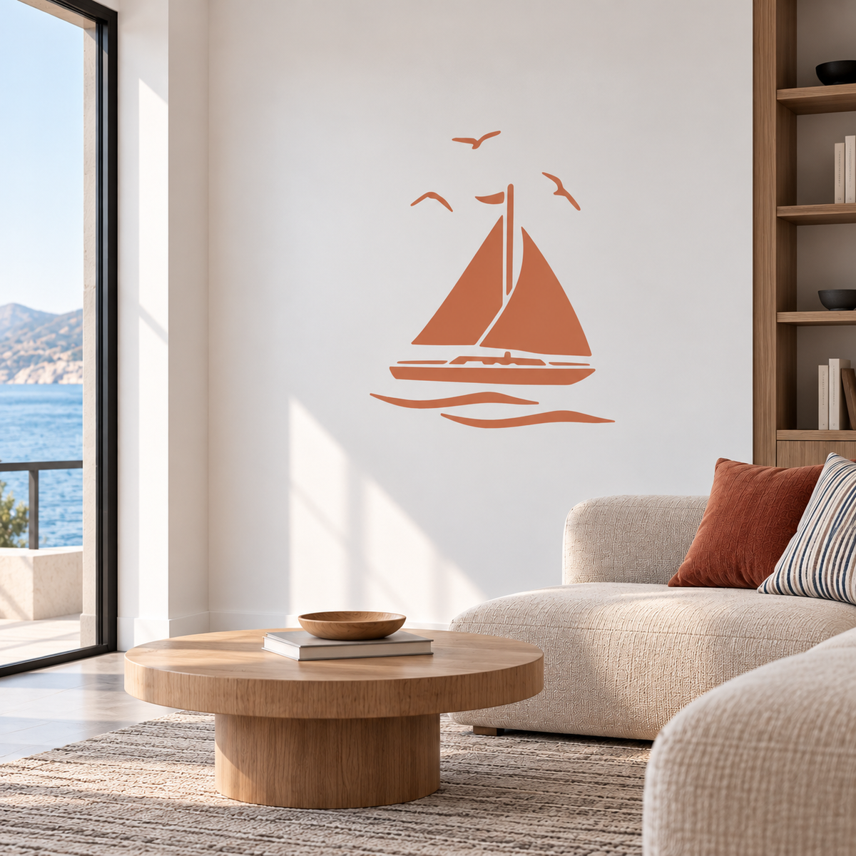 Terracotta Sailboat Stencil with seagulls and waves on a white wall in a bright Mediterranean-style living room.
