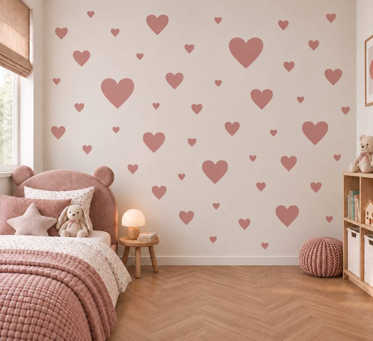 Scattered pink heart wall stencil in a soft neutral kids bedroom with blush decor.