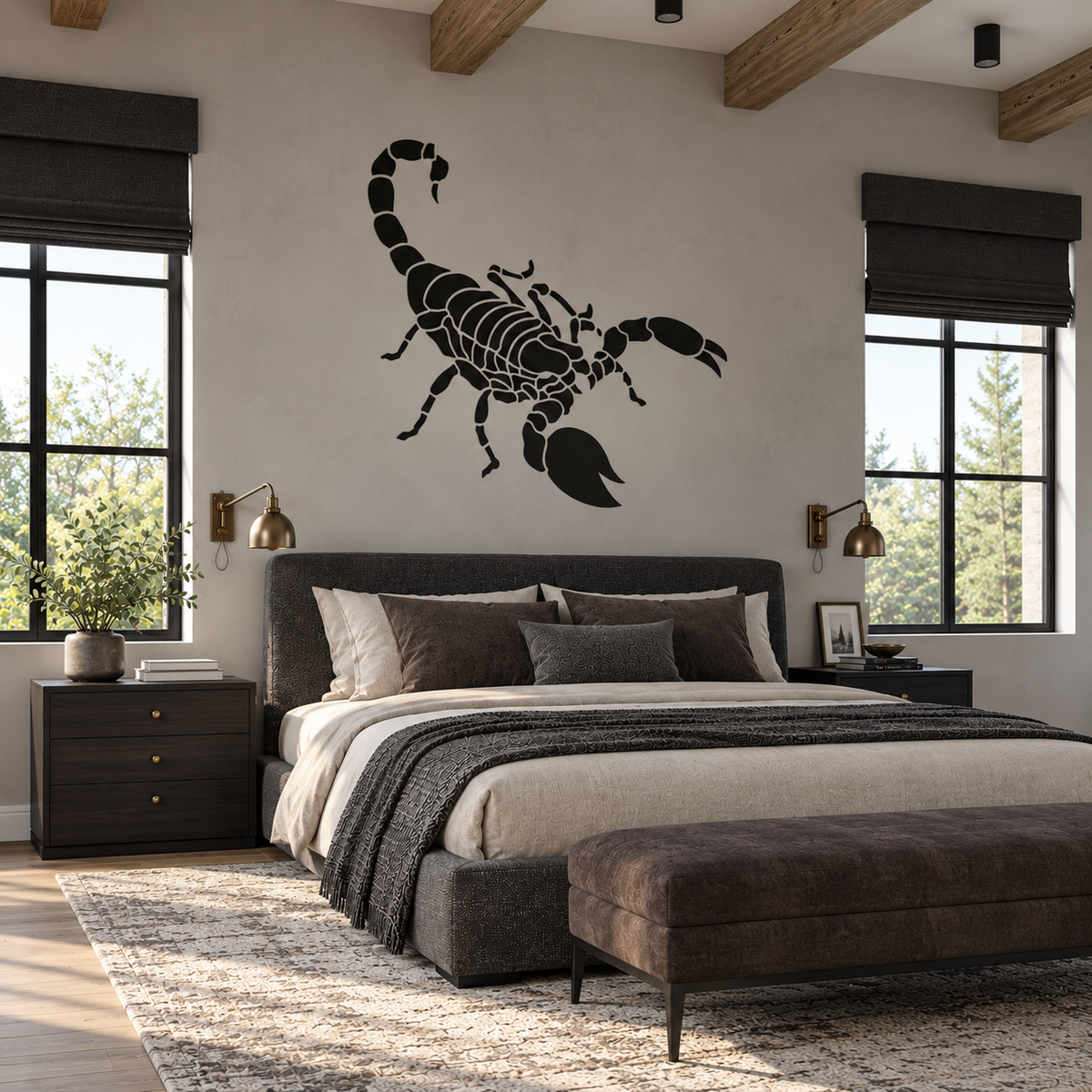 Black scorpion stencil painted above the bed in a modern neutral bedroom with dark furniture and exposed wood beams.