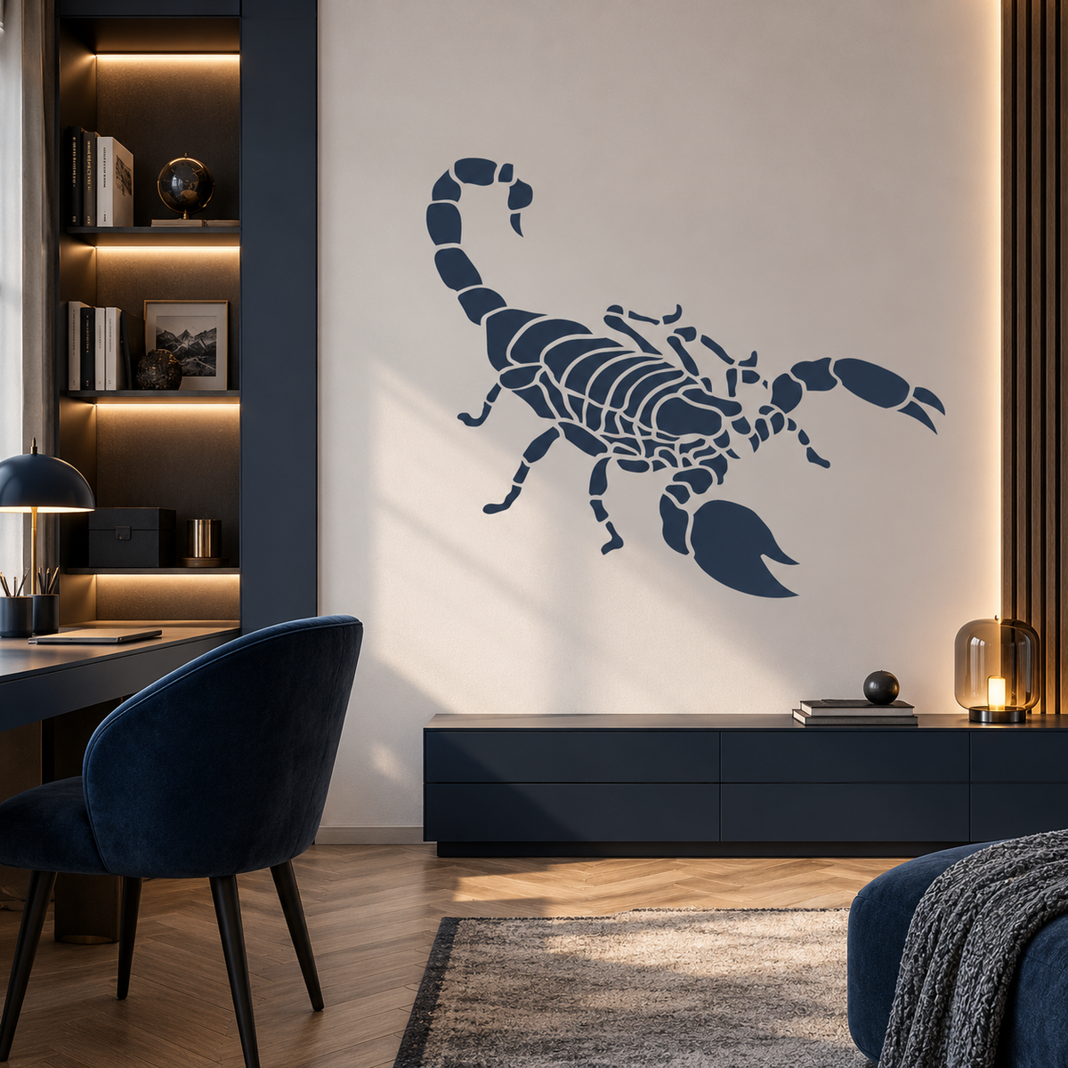 Blue scorpion stencil on a light wall in a sophisticated modern home office with dark blue furniture.