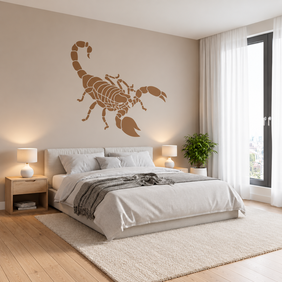 Brown scorpion stencil above the bed in a bright minimalist bedroom with neutral decor and natural wood furniture.