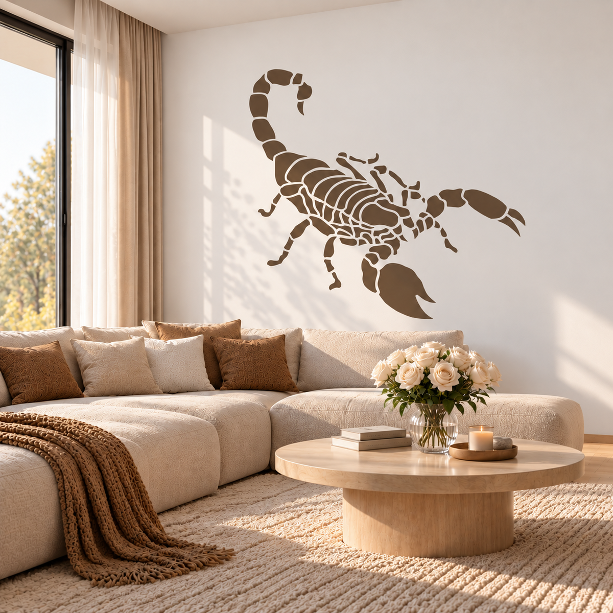 Brown scorpion stencil decorating a bright living room wall above a cream sectional sofa.