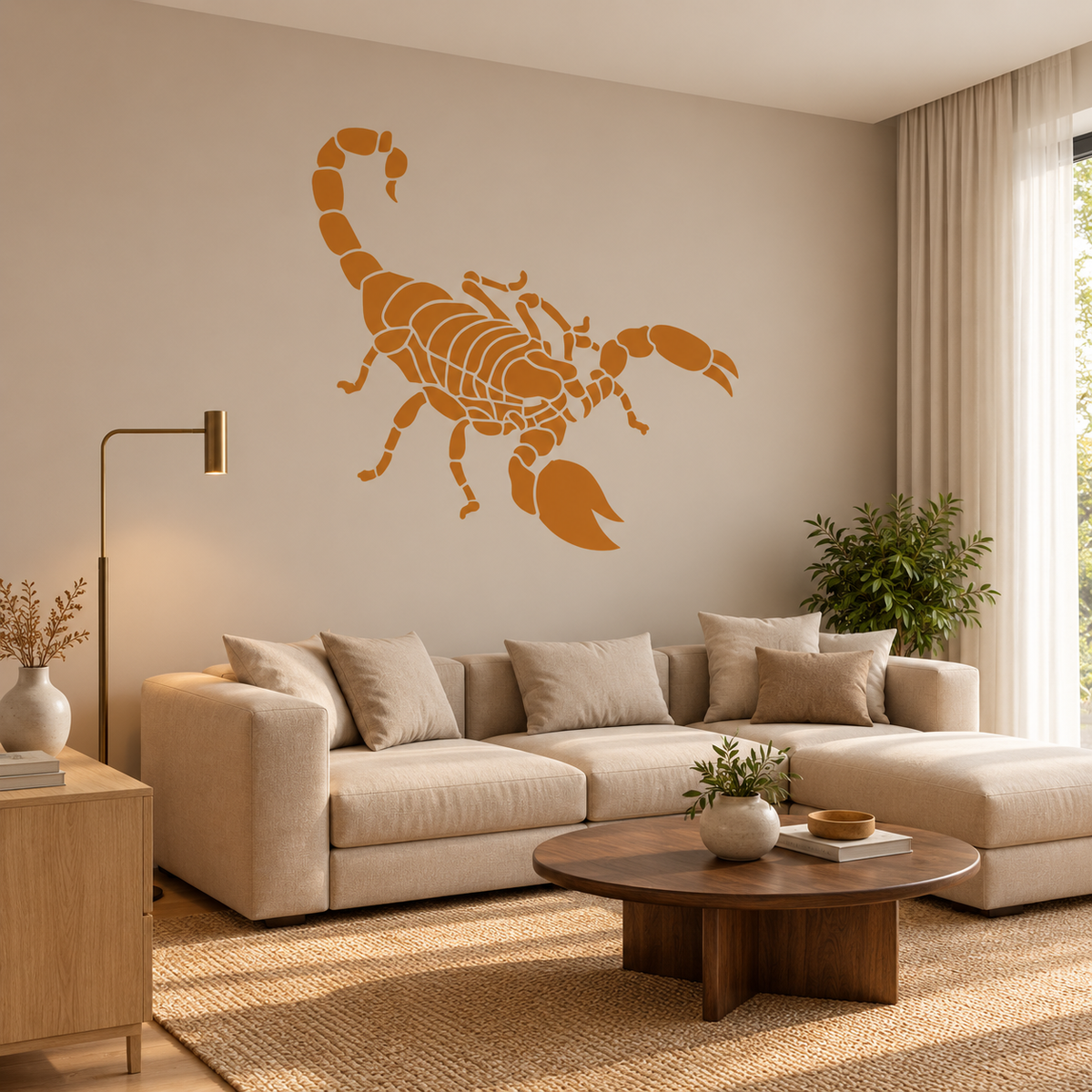 Orange scorpion stencil painted above a beige sectional sofa in a warm contemporary living room.