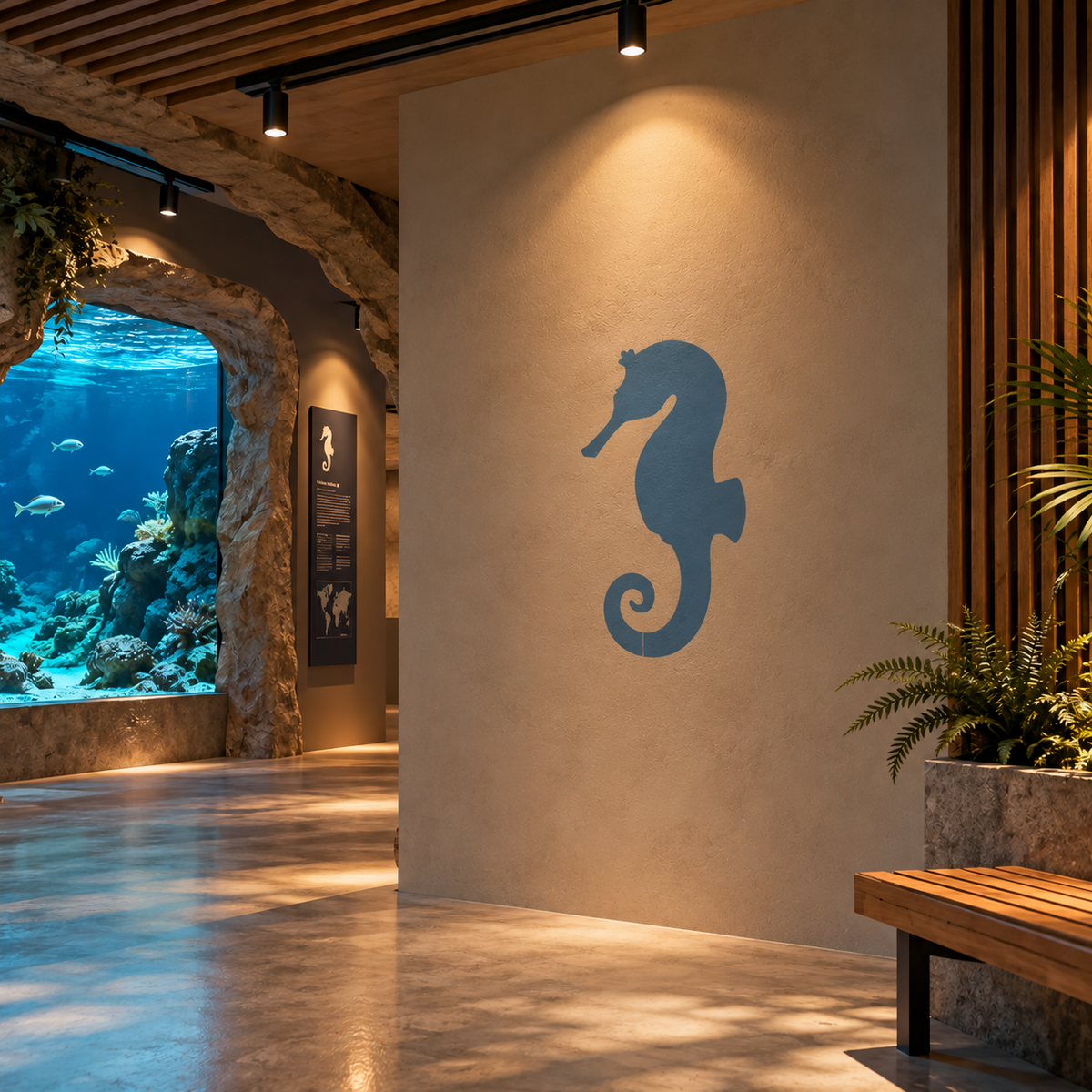 Large blue Seahorse Stencil on a neutral wall in a modern aquarium interior