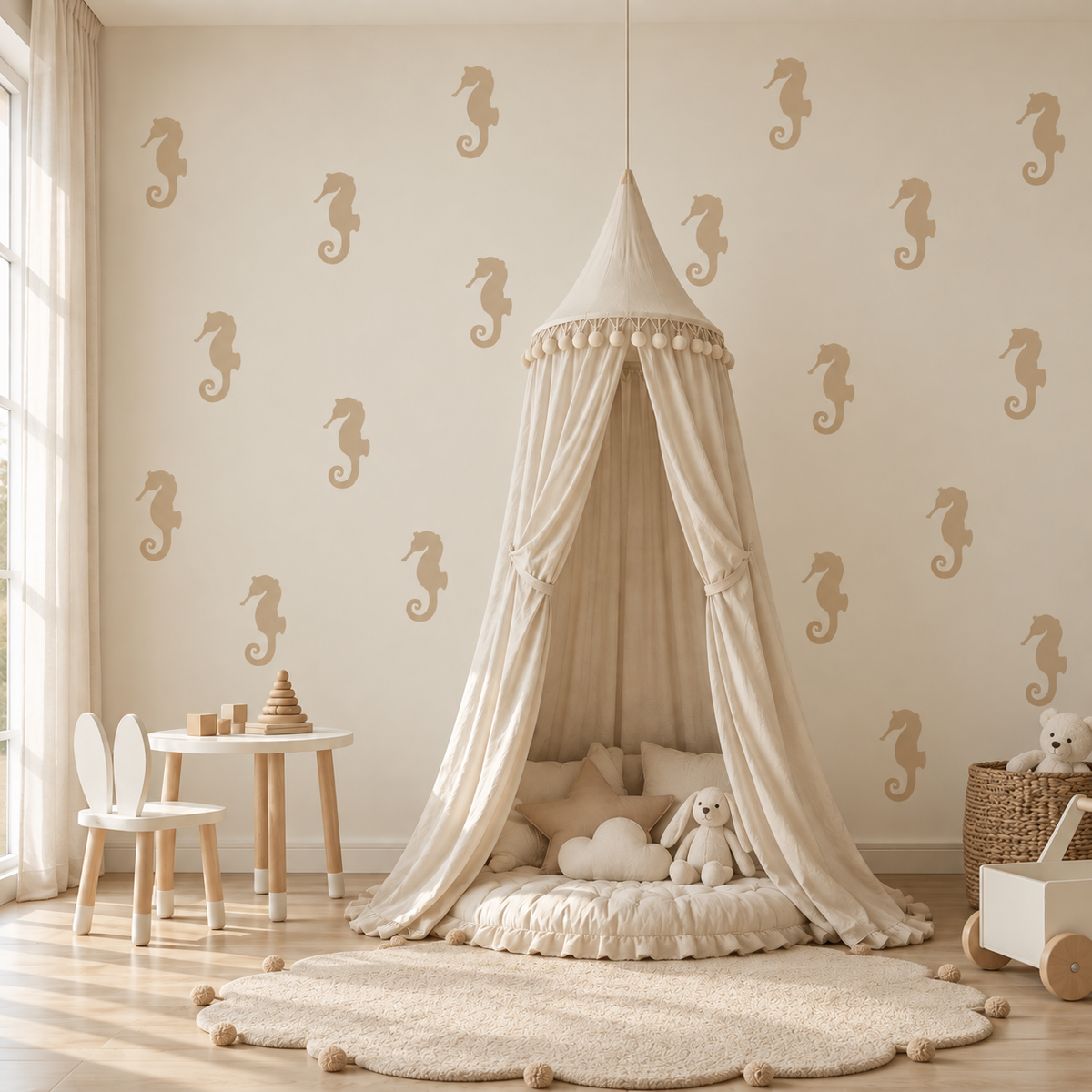Beige Seahorse Stencil pattern on a cream wall in a cozy kids room