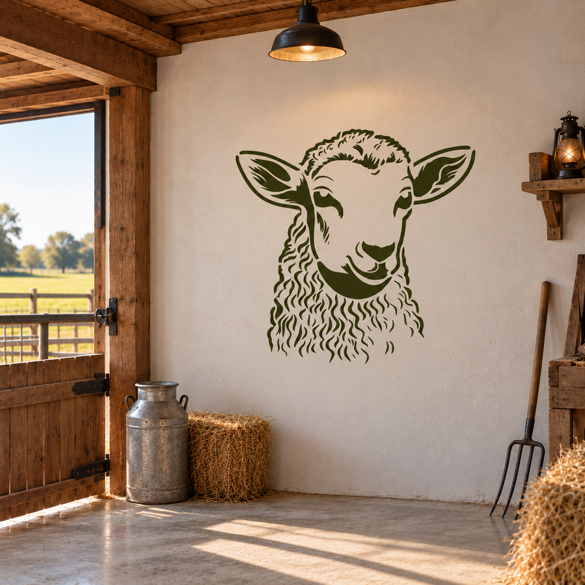 Green sheep head stencil on a textured barn wall beside a vintage milk churn, hay bale, and farm tools.