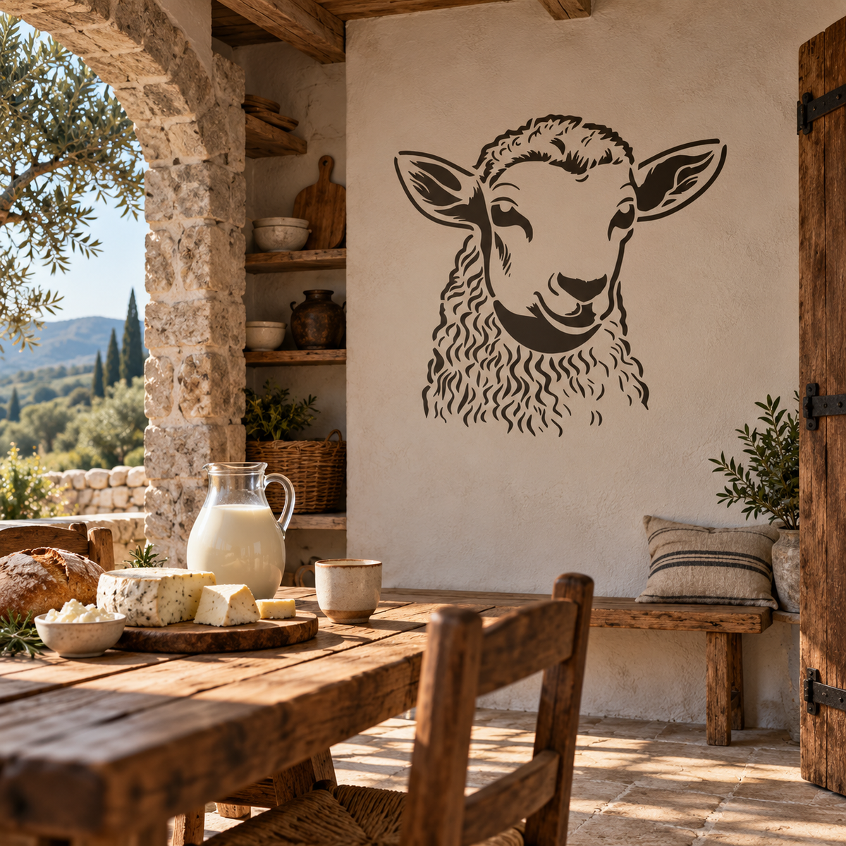 Dark brown sheep head stencil decorating a rustic farmhouse dining area with a wooden table, cheese, milk, and countryside views.