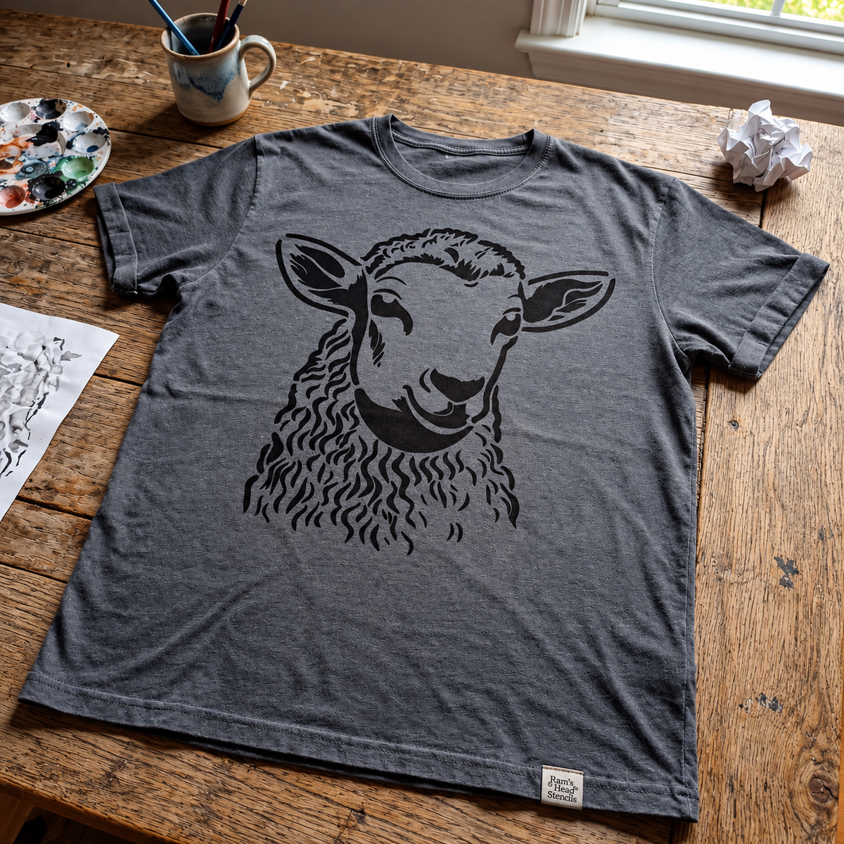 Black sheep head stencil printed on a charcoal gray T-shirt displayed on a rustic wooden craft table.