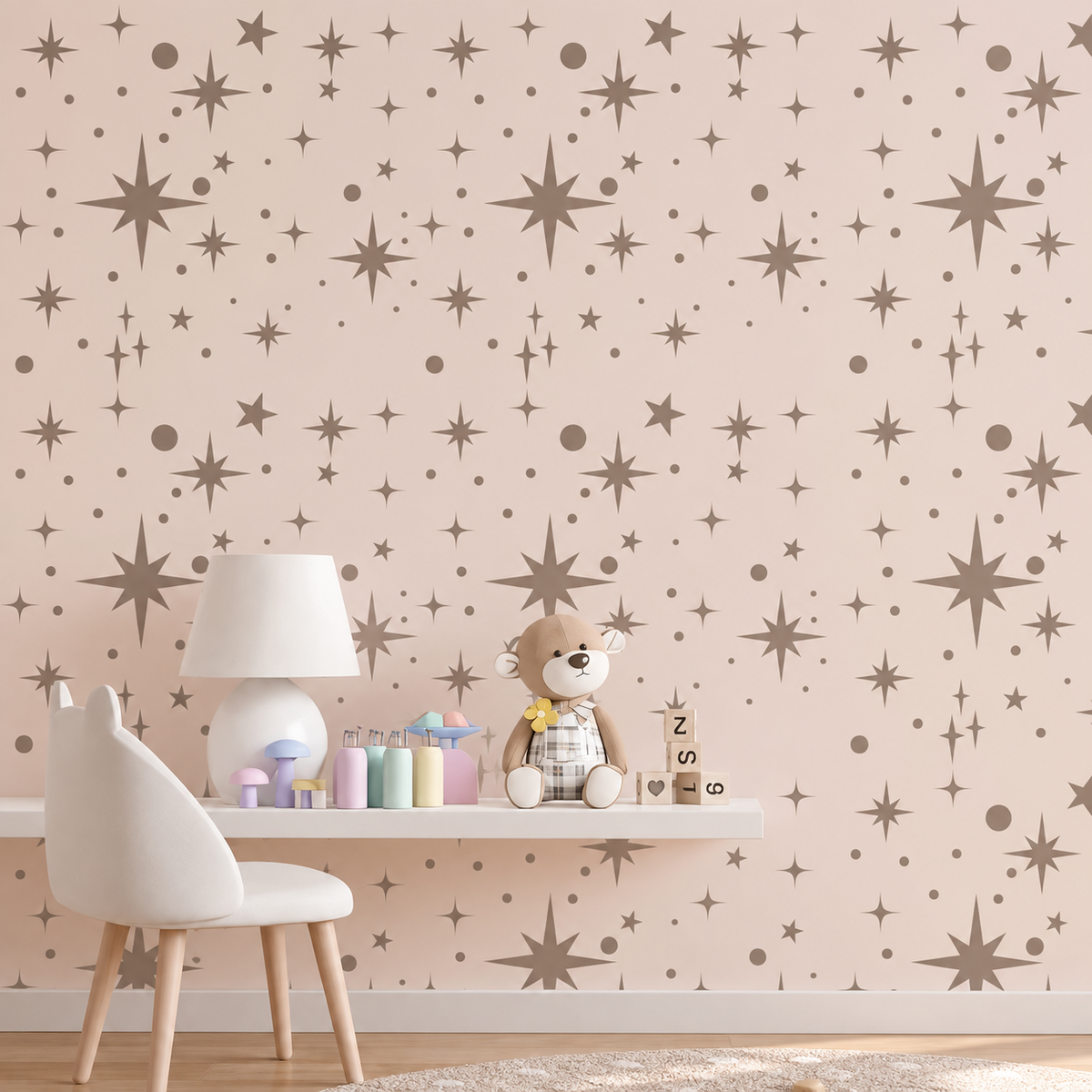 Brown Shimmering Stars wall stencil with scattered stars and dots in a warm neutral kids’ room.
