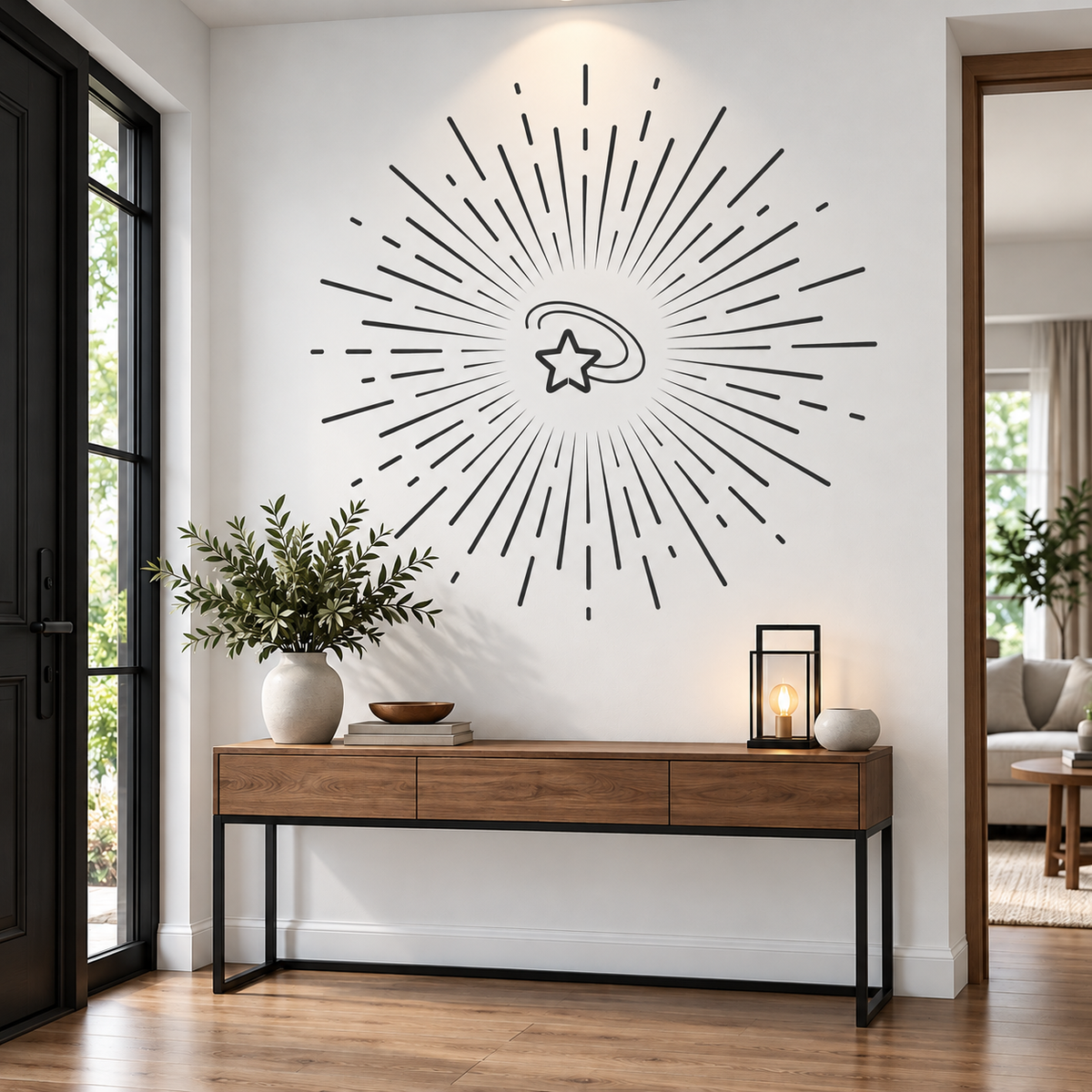 Black Shooting Star Stencil with a bold sunburst pattern on a white entryway wall above a wooden console table.