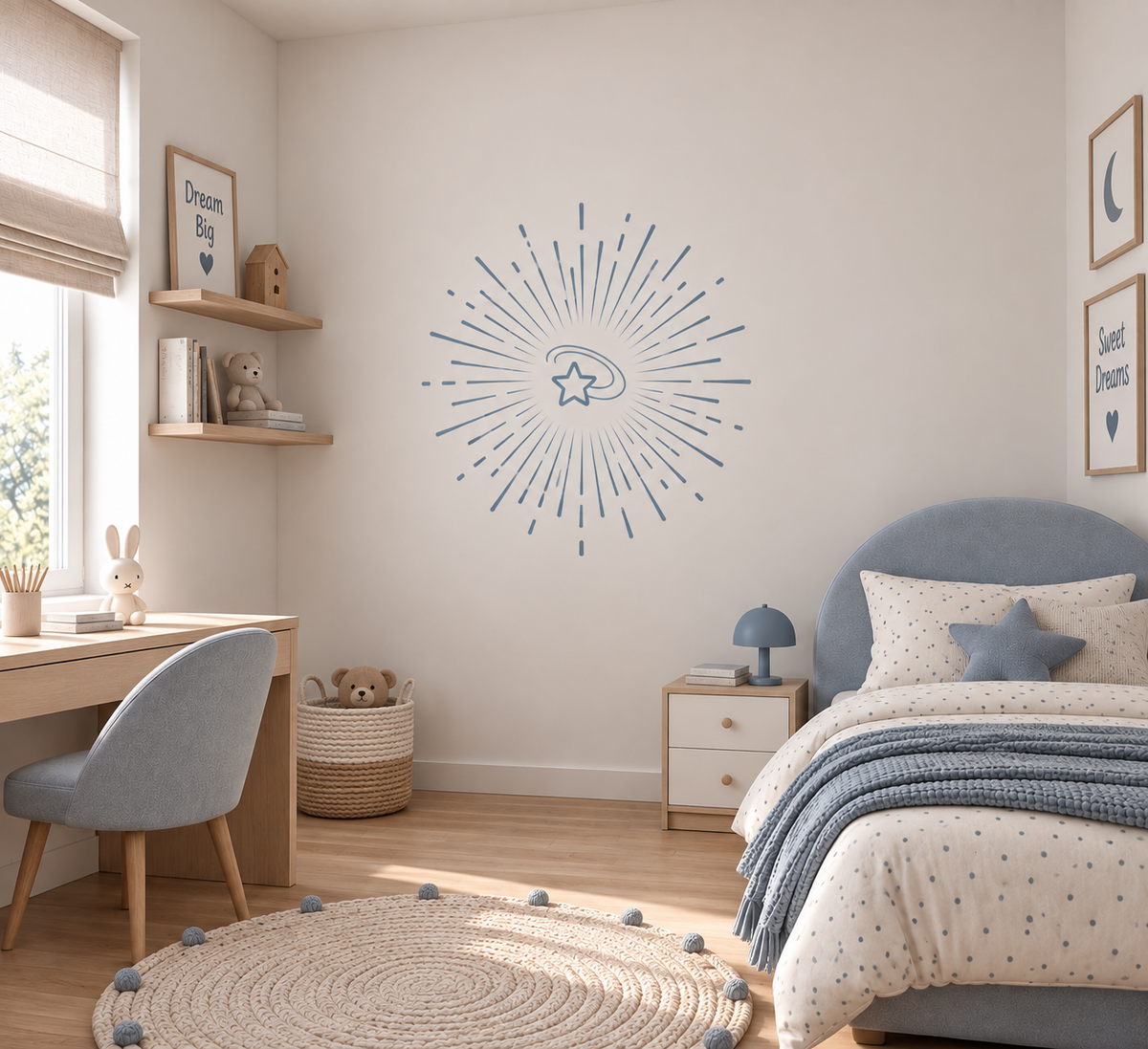 Blue shooting star sunburst wall stencil centered above a bed in a bright neutral kids bedroom.
