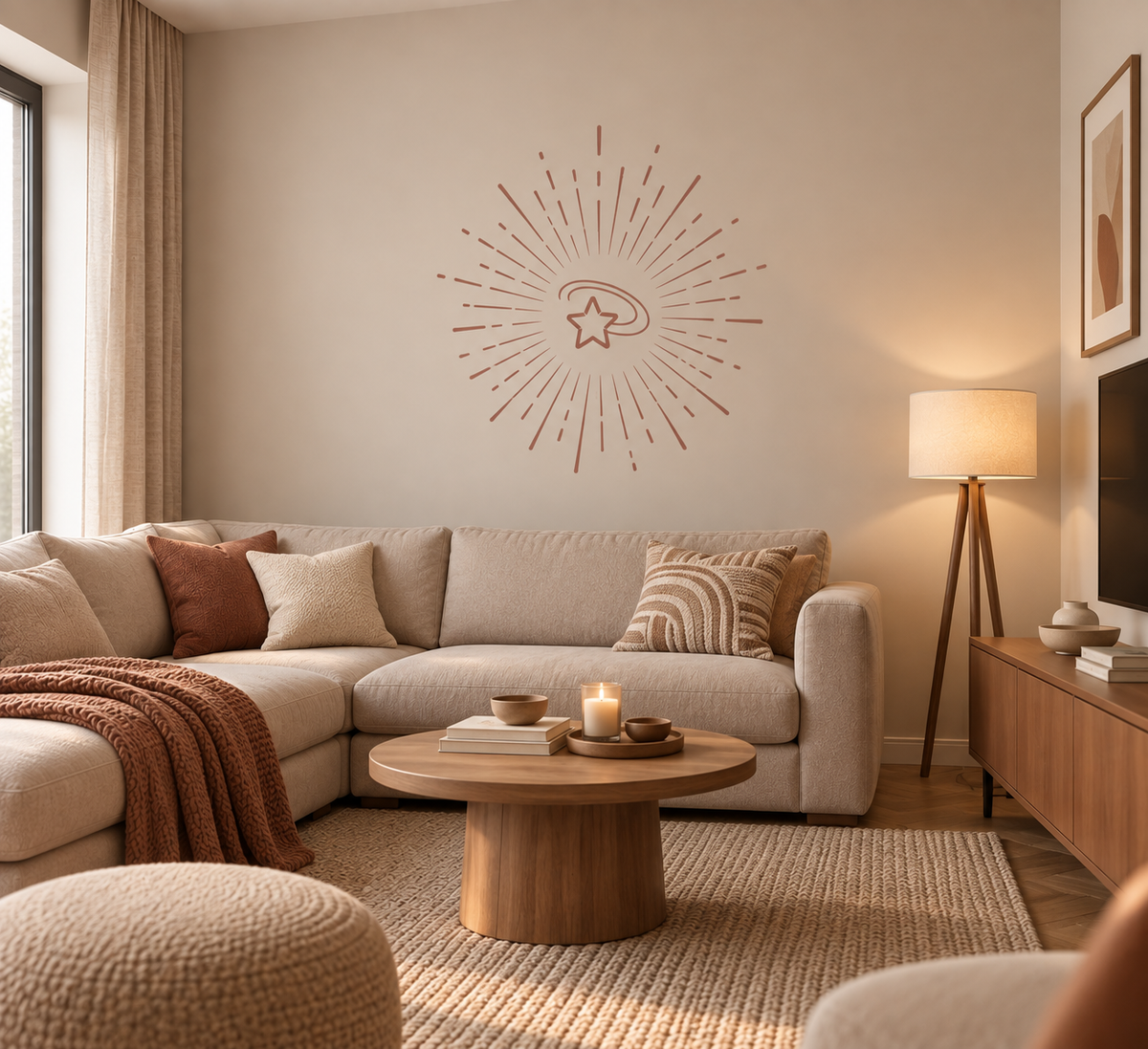 Terracotta shooting star sunburst wall stencil above a neutral sofa in a warm modern living room.