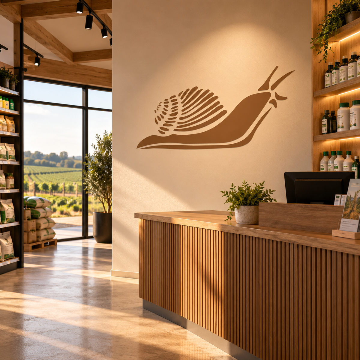 Brown snail wall stencil displayed behind the counter in a modern garden shop.