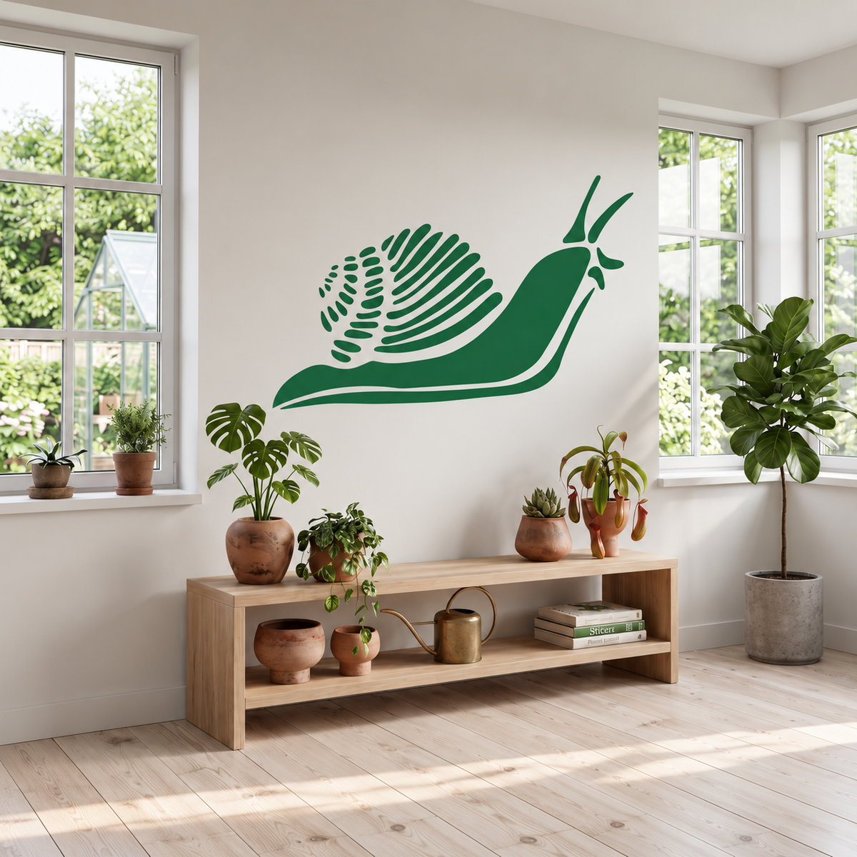 Green snail wall stencil in a bright indoor garden room filled with plants.