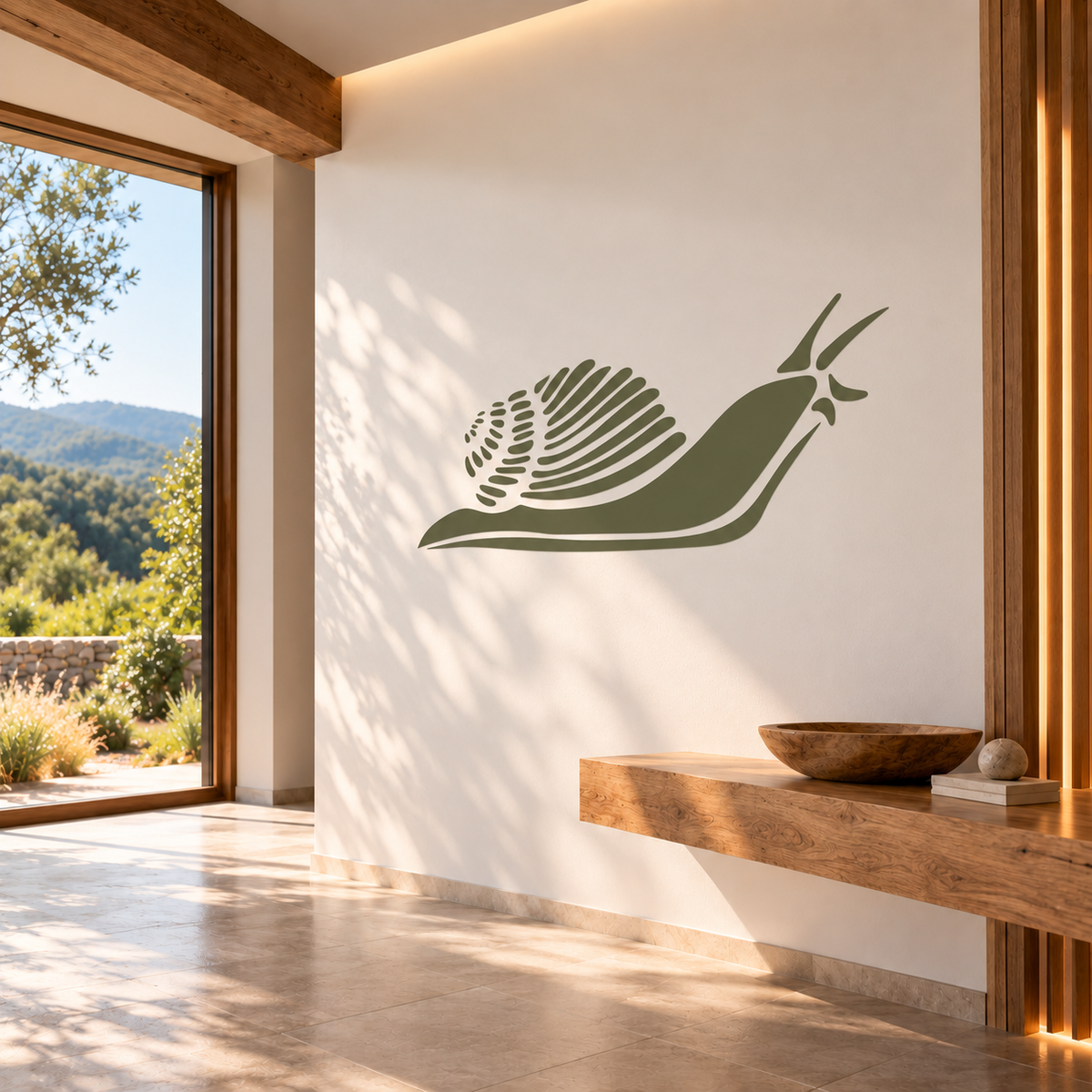 Olive green snail wall stencil on a white wall in an elegant nature-inspired interior.