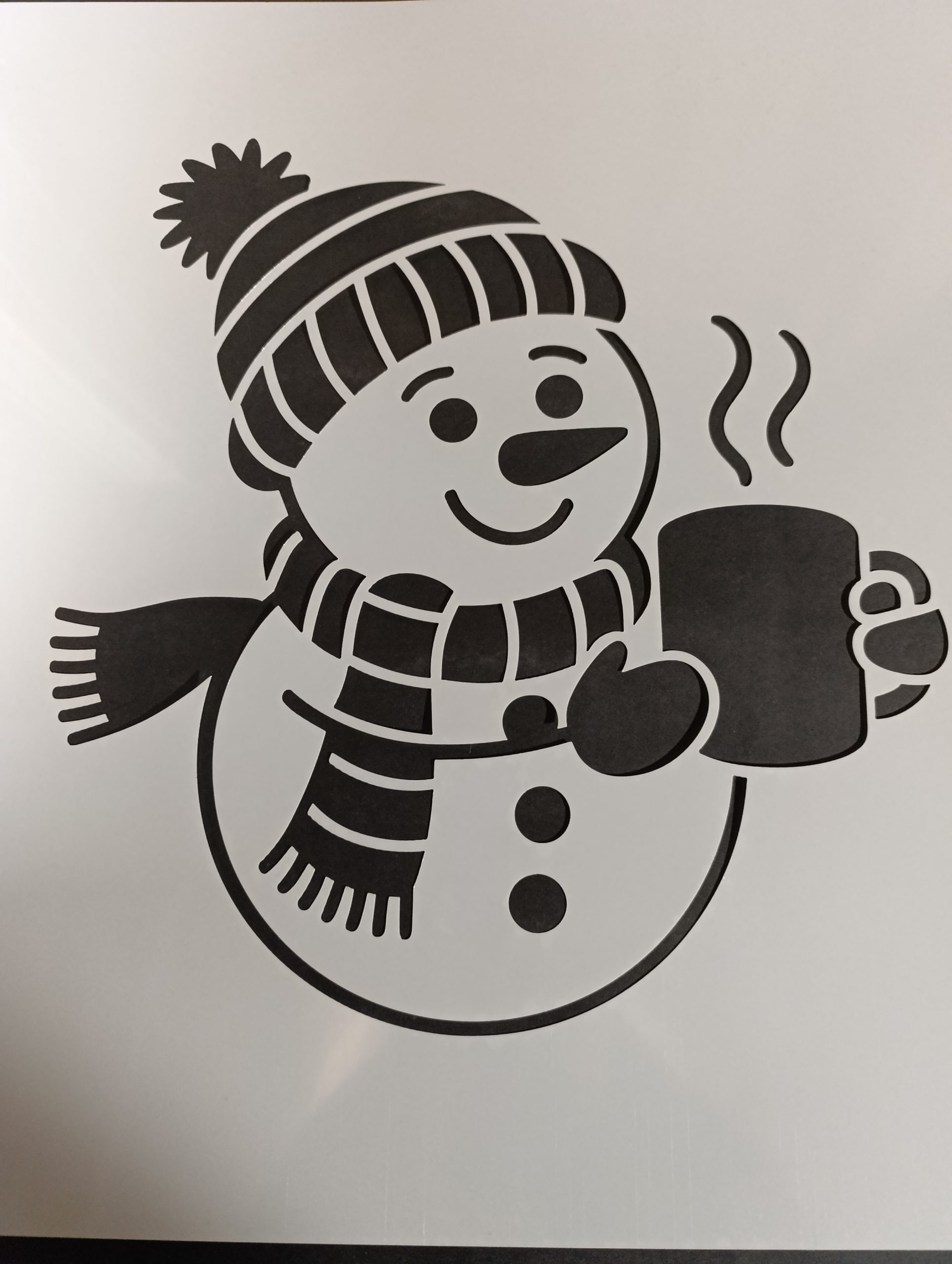 Snowman Christmas stencil with scarf and hot cocoa