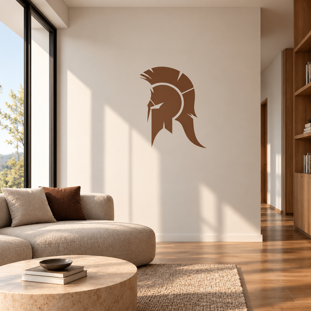 Brown Spartan warrior helmet stencil painted on a white wall above a beige sofa, creating bold ancient Greek-inspired wall art in a modern living room.