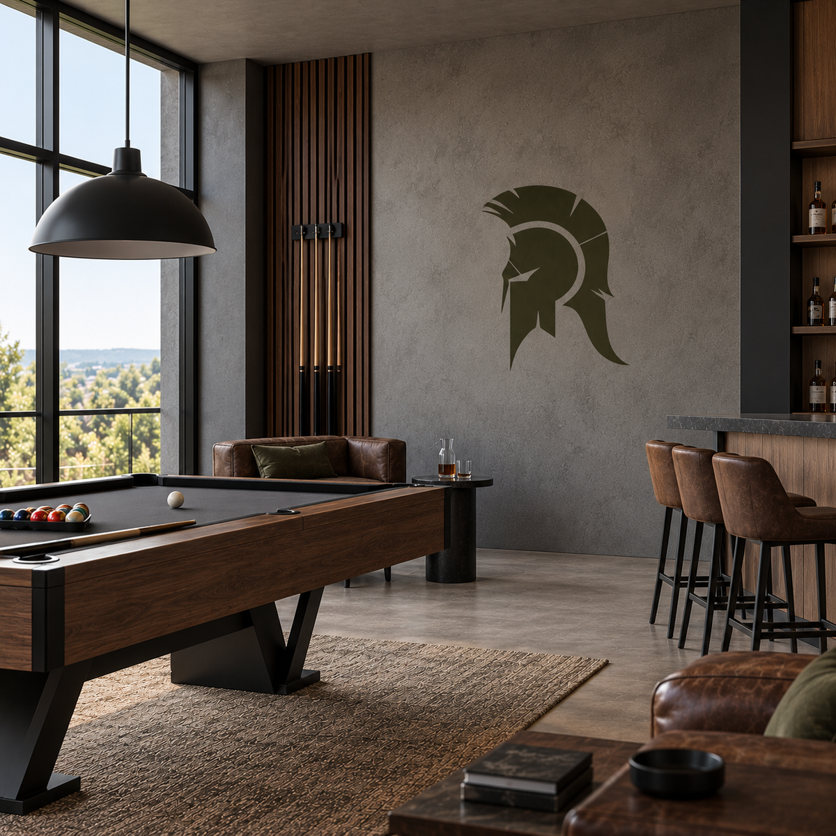 Olive green Spartan warrior helmet stencil on a gray accent wall in a stylish billiard room with a pool table, leather seating and home bar.