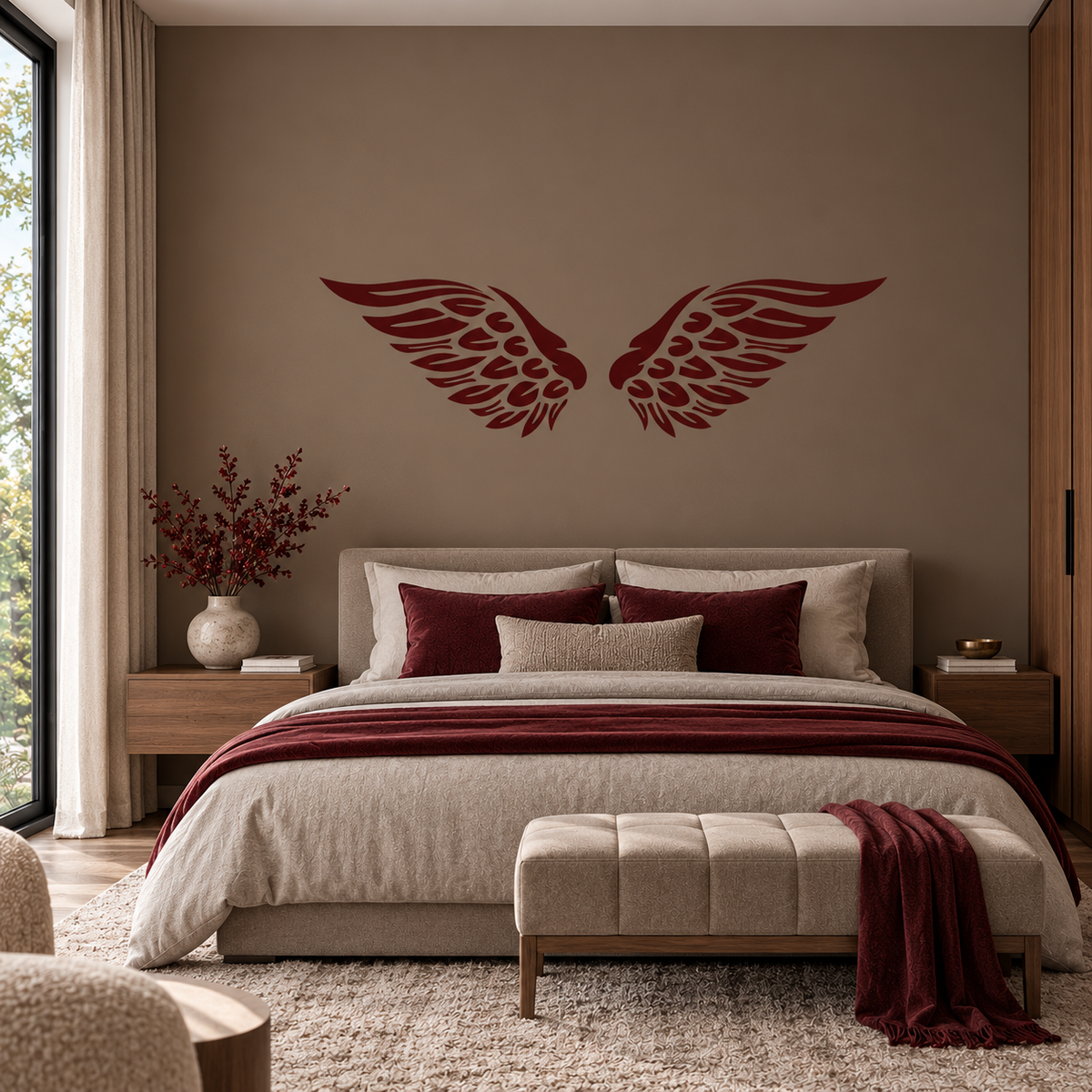 Burgundy Spirit Wings Stencil featuring symmetrical feathered wings above a double bed, creating elegant wall art in a modern bedroom.