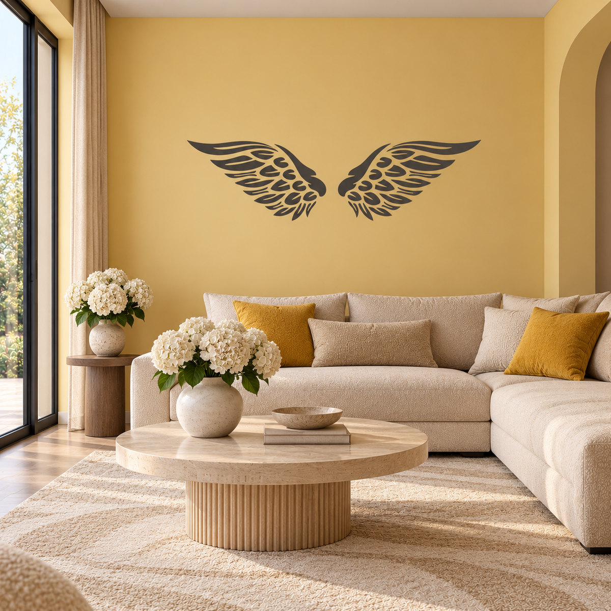 Charcoal gray Spirit Wings Stencil with detailed feather patterns on a mustard yellow accent wall above a cream sectional sofa.