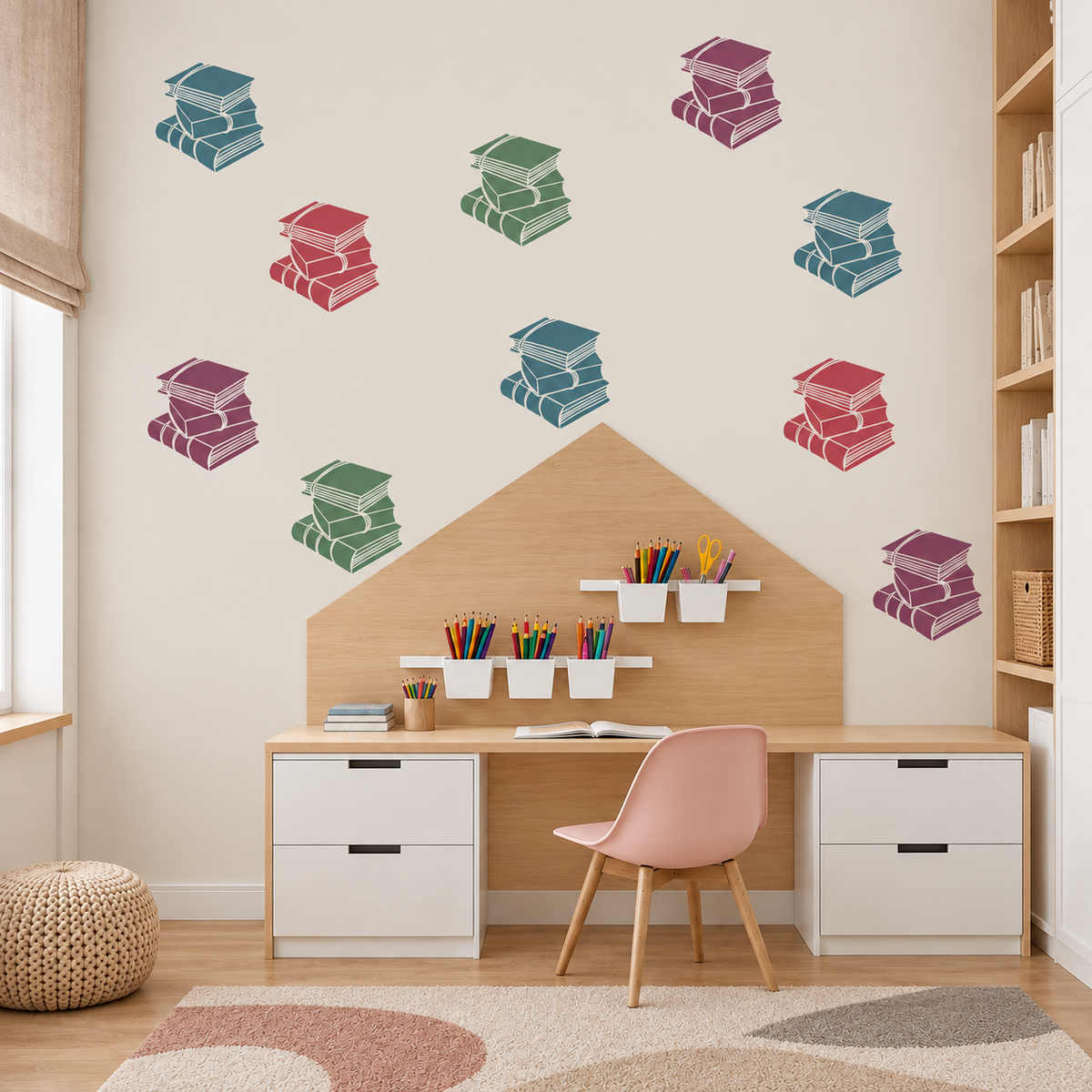 Colorful Stack of Books Stencil pattern in blue, green, red and purple on a white wall above a wooden desk in a bright kids study room.