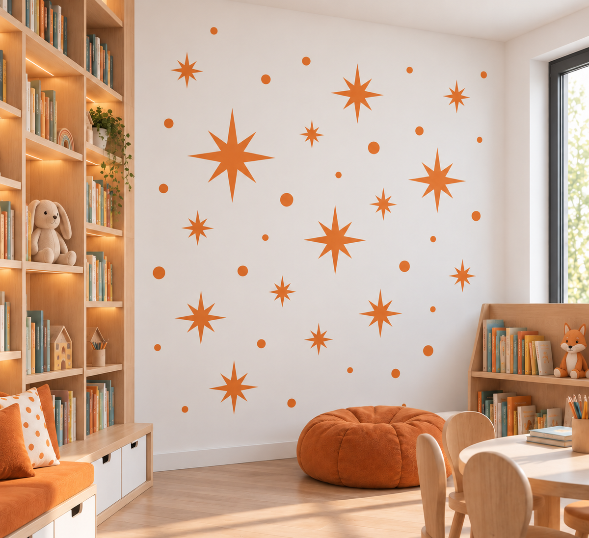 Orange star wall stencil with scattered celestial stars and dots in a bright modern kids’ playroom.