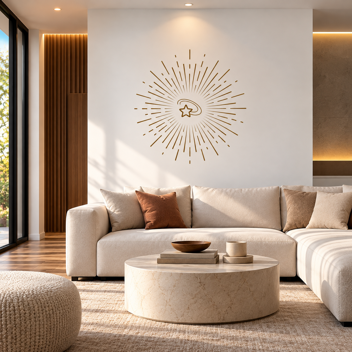 Starburst Stencil in metallic gold with radiating sunburst lines and a small star on a white wall above a cream sectional sofa in a modern living room.