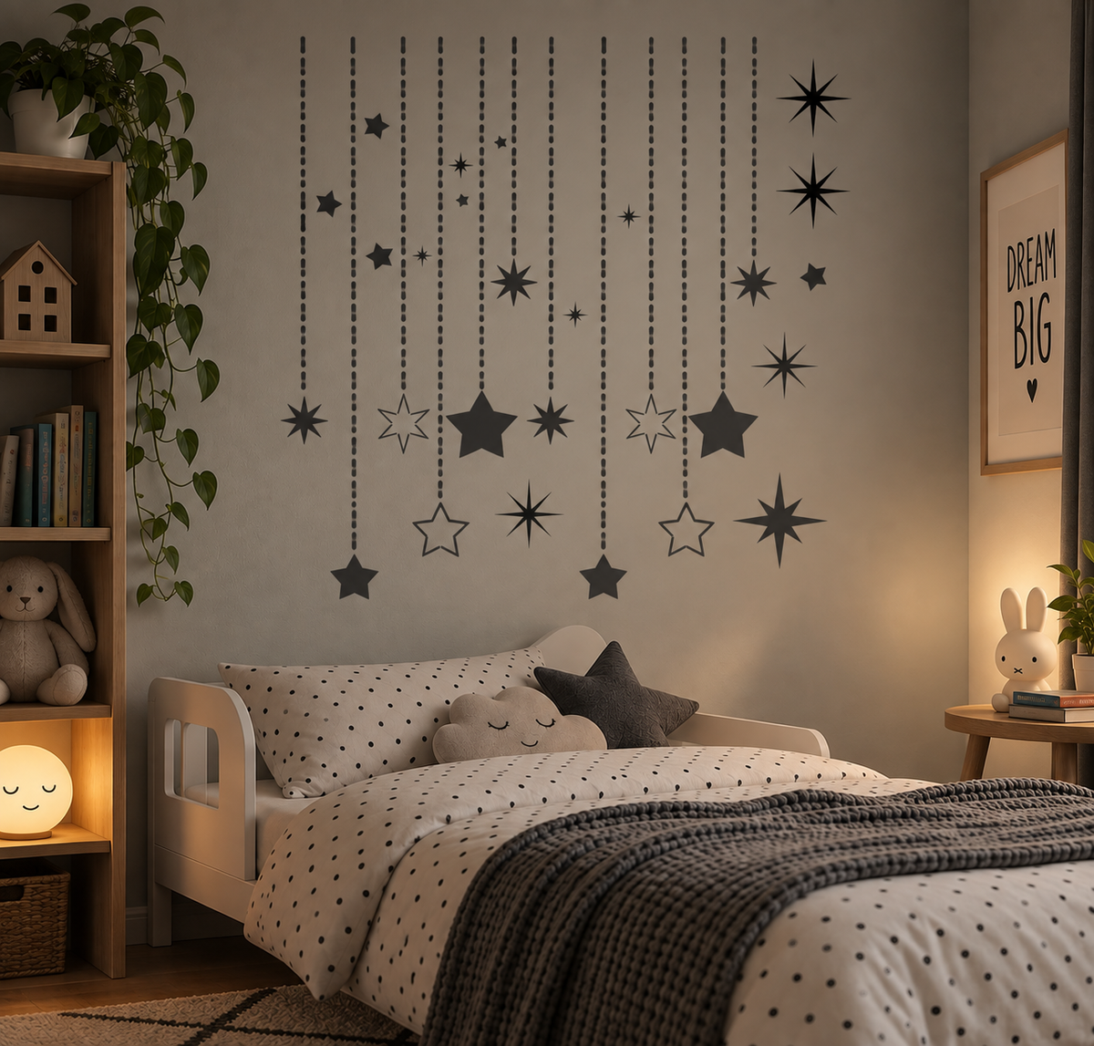 Starry cascade wall stencil with hanging stars and celestial bursts decorating a cozy kids bedroom.
