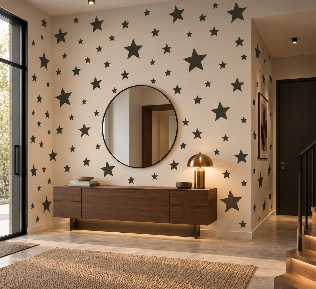 Black star wall stencils in multiple sizes painted across a modern hallway and entryway, creating a bold scattered stars pattern and contemporary DIY wall decor.