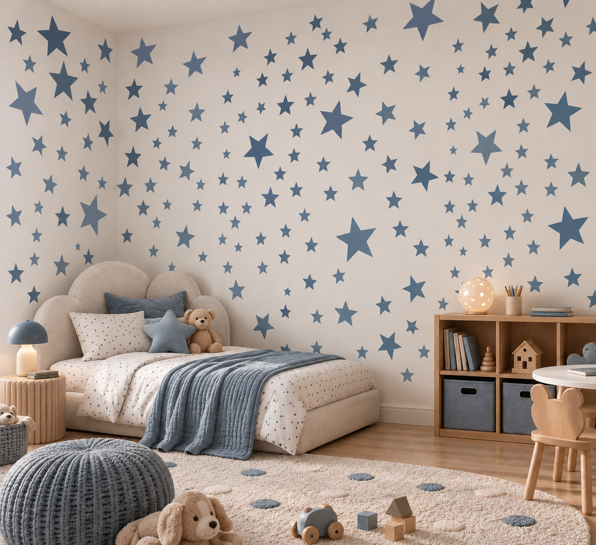 Blue star wall stencils in multiple sizes painted across a cozy kids bedroom, creating a playful stars pattern for nursery, children’s room and celestial wall decor.