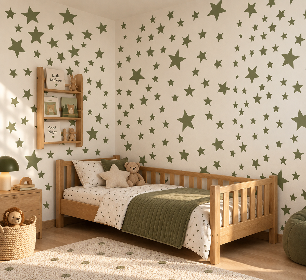 Olive green star wall stencils in multiple sizes painted across a cozy kids bedroom, creating a scattered stars pattern for nursery and children’s room wall decor.