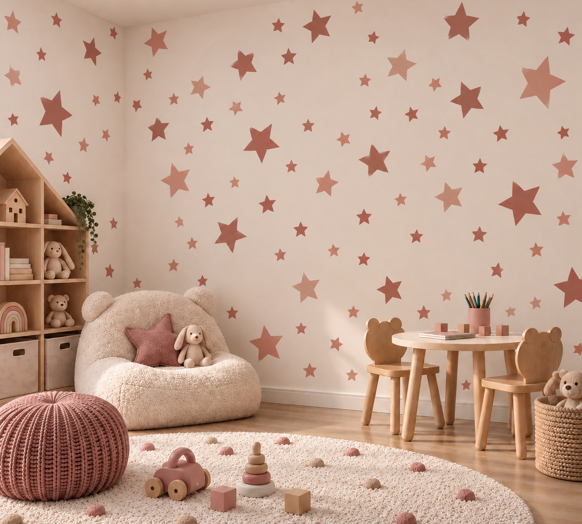 Pink and terracotta star wall stencils in multiple sizes painted across a cozy girls playroom, creating a playful scattered stars pattern for nursery and kids room wall decor.