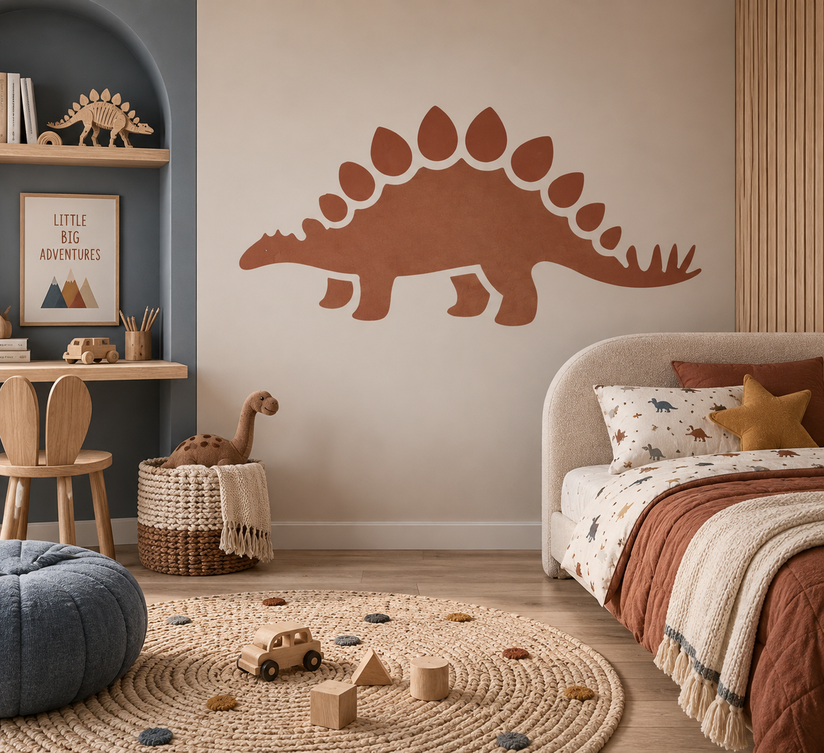 Terracotta Stegosaurus dinosaur wall stencil painted in a cozy kids bedroom with dinosaur decor, a modern nursery wall art idea for children’s rooms.