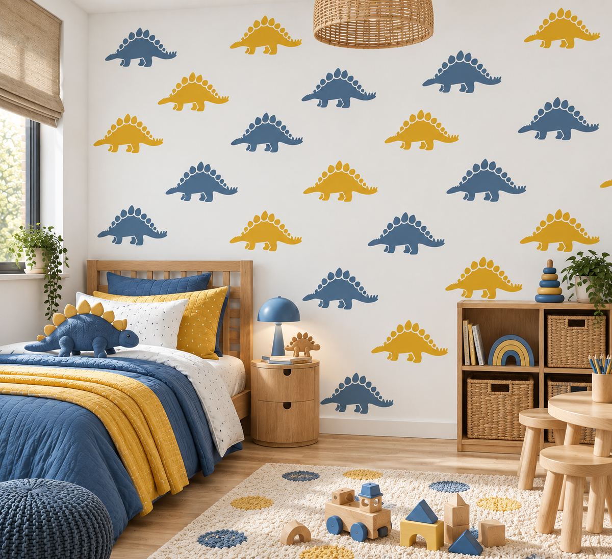 Blue and yellow Stegosaurus dinosaur wall stencils painted in a cozy kids bedroom, creating a playful dinosaur nursery wall decor and children’s room design.