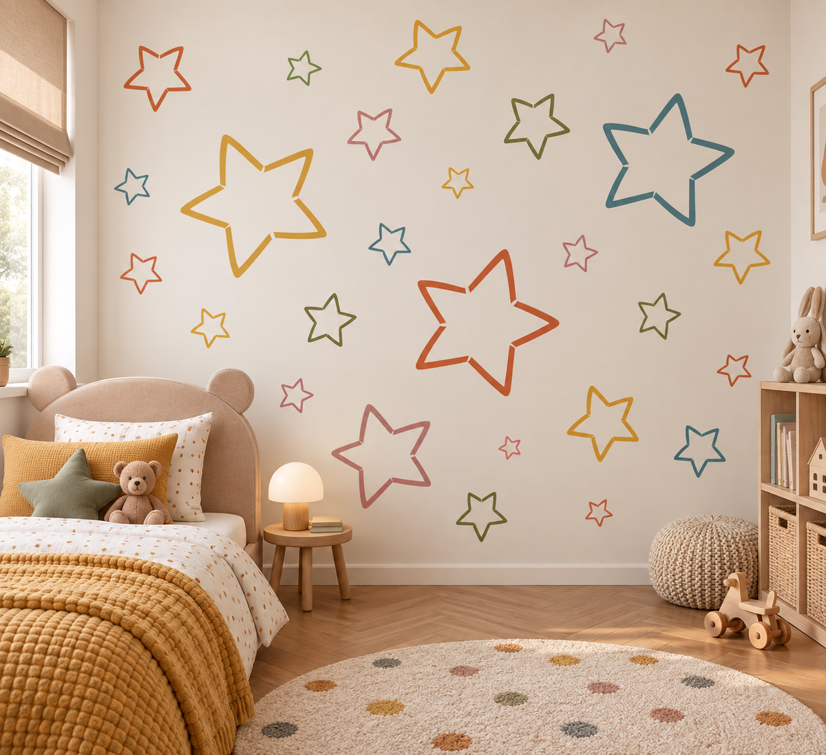 Colorful outlined star wall stencil in a warm modern kids bedroom with playful neutral decor.