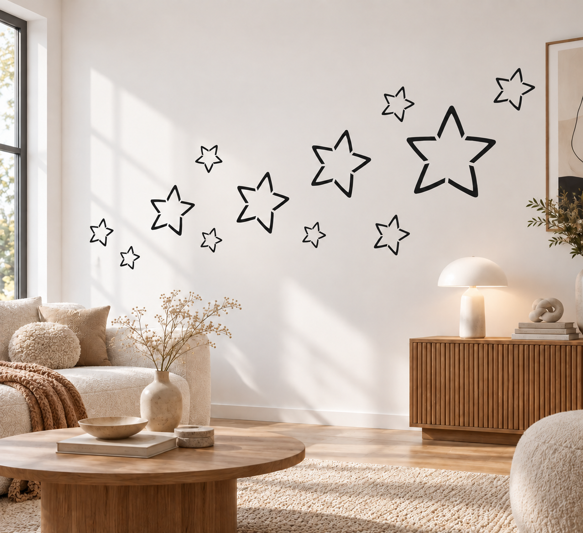 Growing outlined star wall stencil in black on a warm neutral living room wall with natural wood decor.