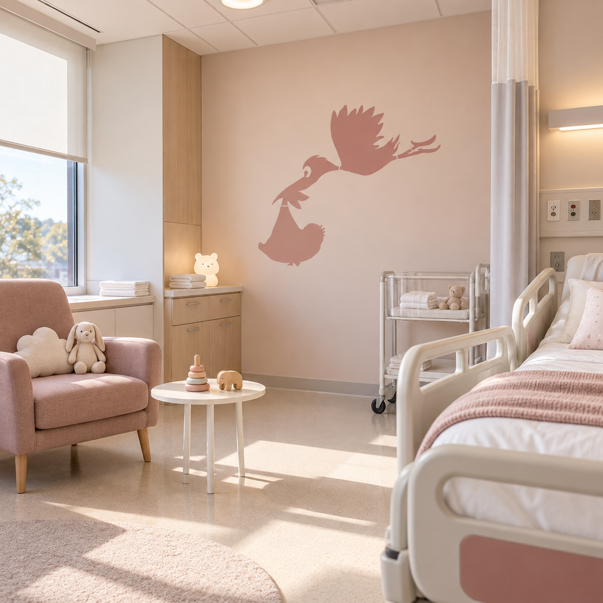 Dusty pink stork and baby wall stencil in a modern maternity room.