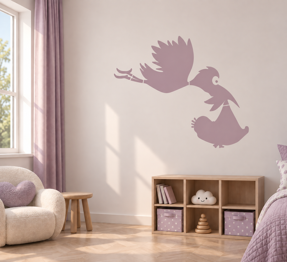 Lilac stork and baby wall stencil in a soft girls nursery.