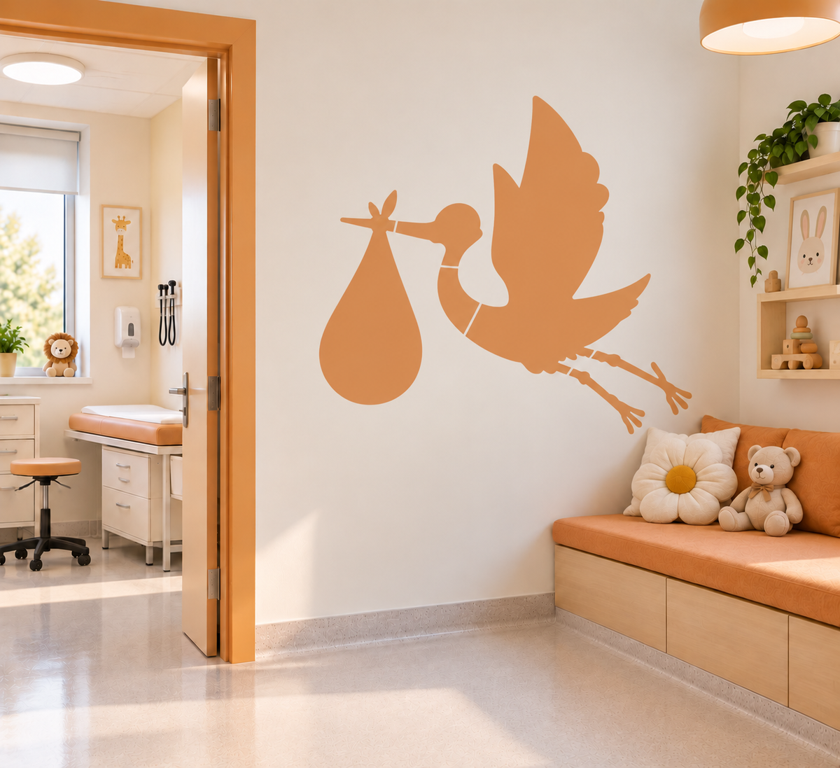 Orange stork and baby wall stencil in a bright pediatric clinic.