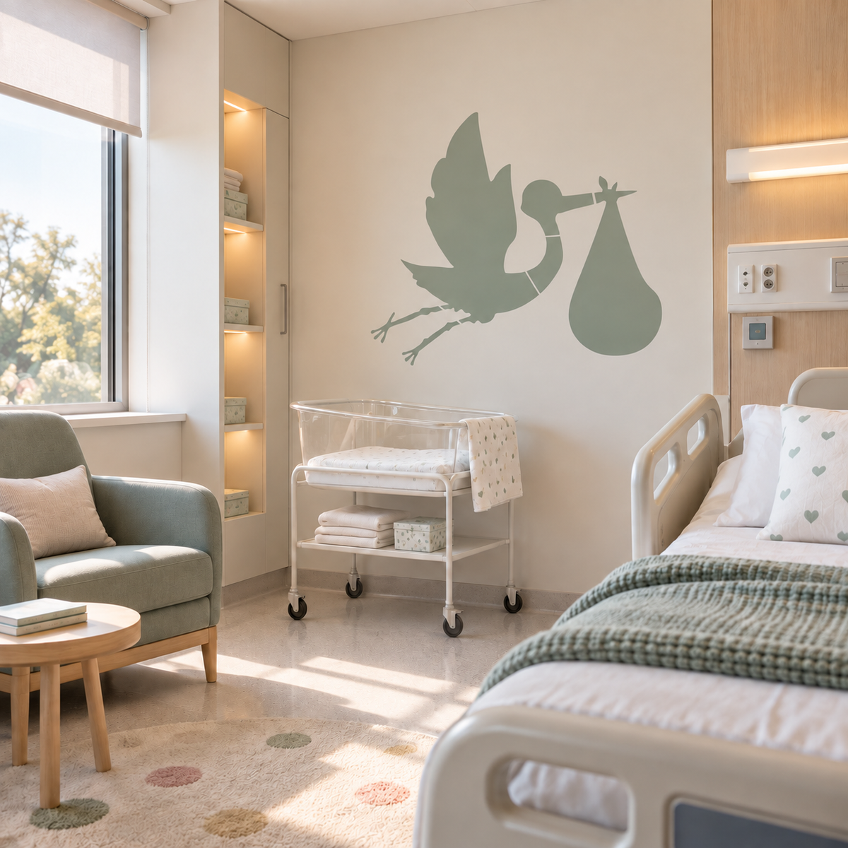 Sage green stork and baby wall stencil in a modern maternity room.