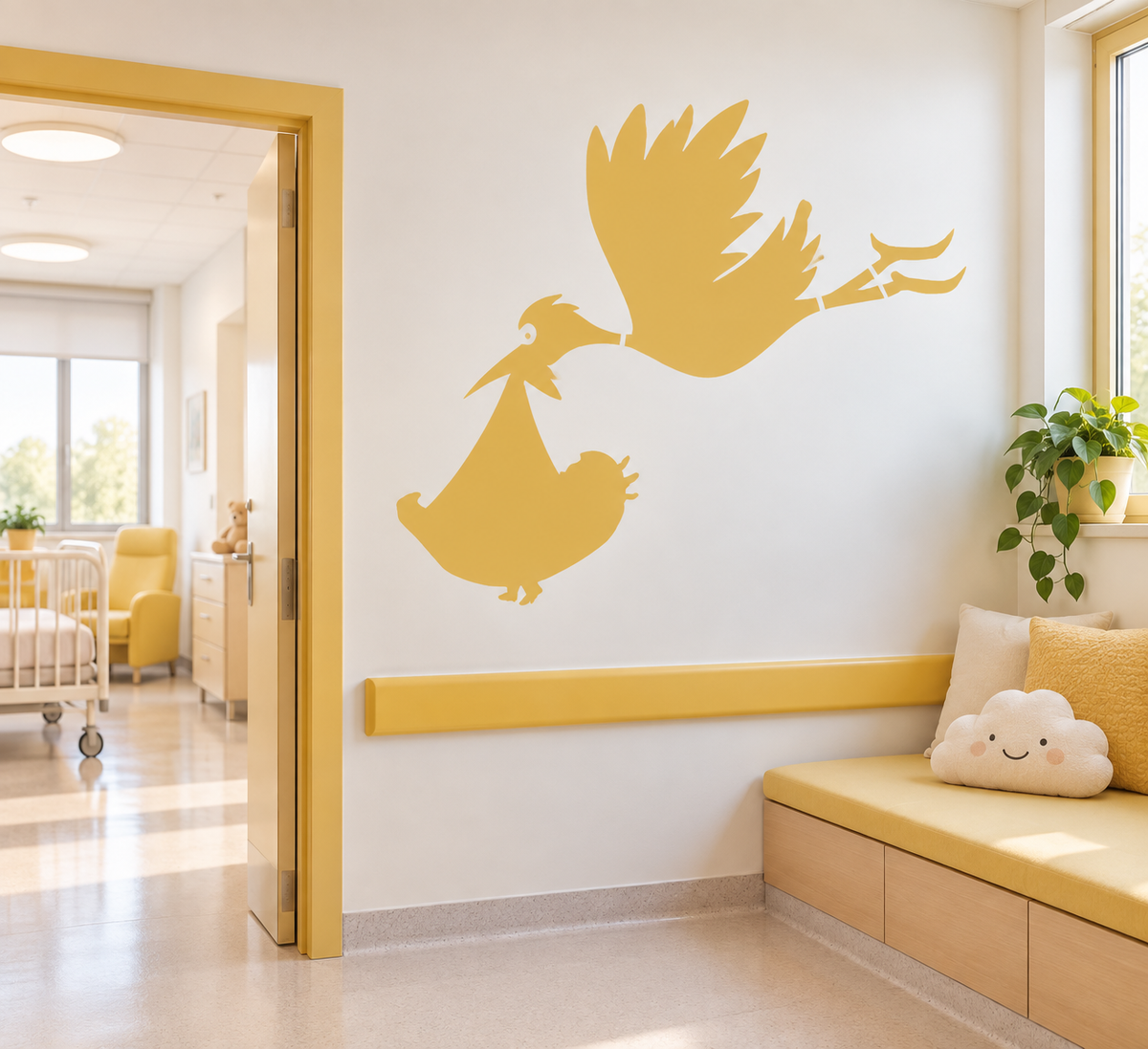 Yellow stork and baby wall stencil in a bright hospital nursery.