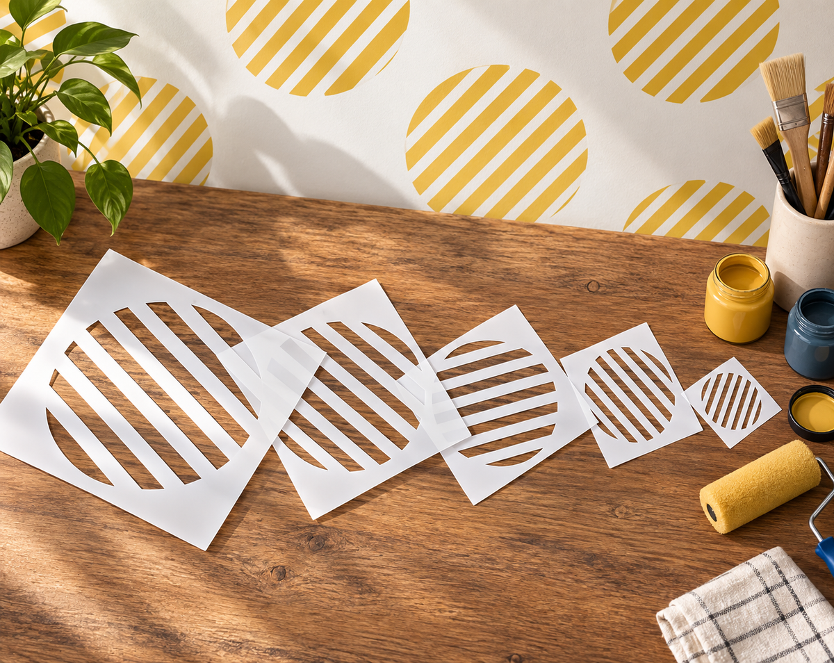 Stripes Circle Stencil set in multiple sizes displayed with painting tools and yellow striped circles on a wall, ideal for geometric DIY wall painting and modern home decor.