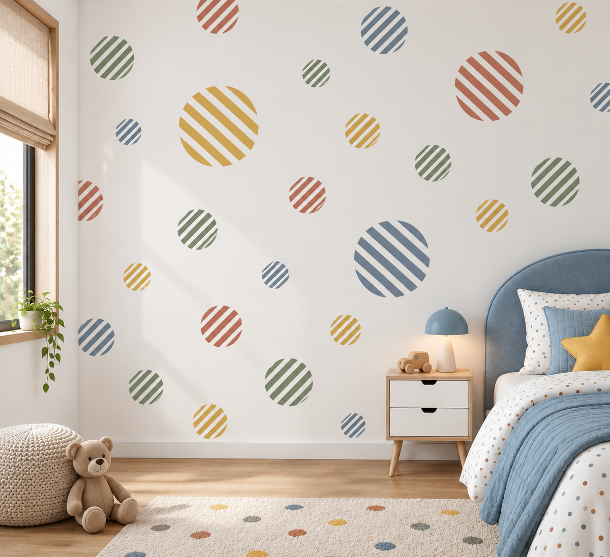 Colorful Stripes Circle wall stencils in blue, green, yellow and terracotta painted in different sizes on a kids bedroom wall, creating playful geometric nursery decor.